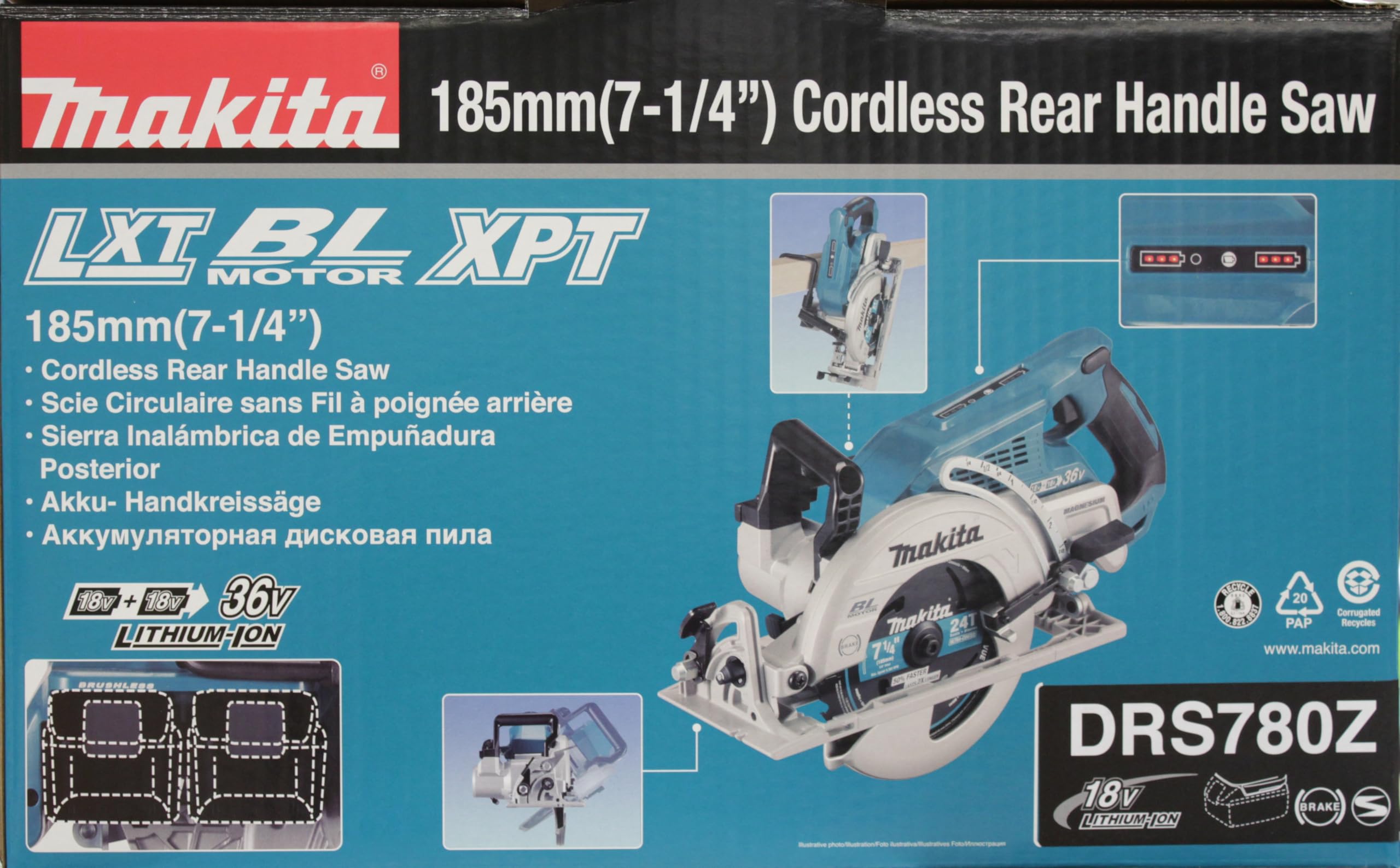 Makita DRS780Z - Sega con manico posteriore 18Vx2 (36V) LXT 7-1/4'' (solo tessuto) (senza batteria, senza caricatore)