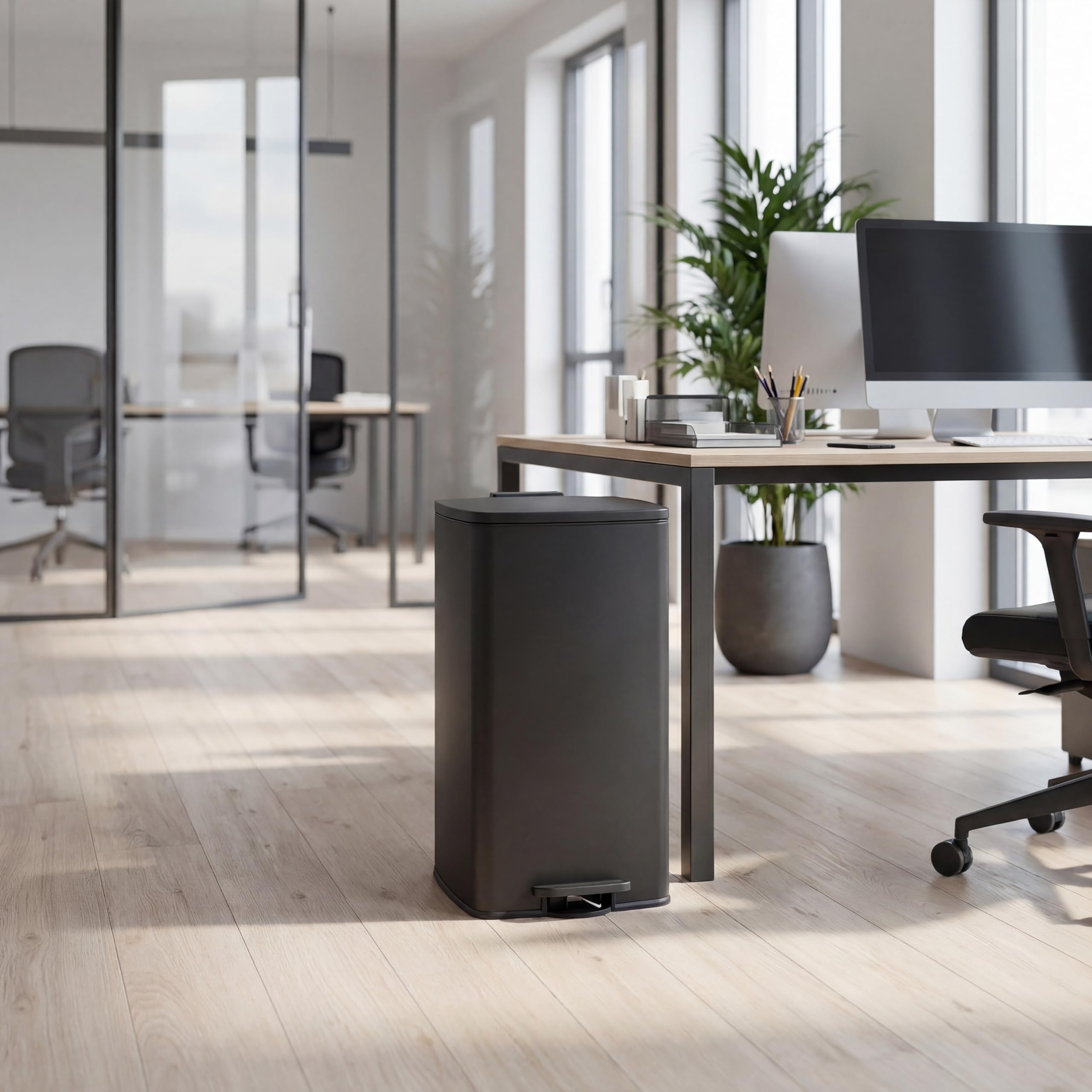 hjh OFFICE Mülleimer 60L Clean Step 4, rechteckiger Abfalleimer aus pulverbeschichtetem Stahl, hygienisch und luftdicht schließend, Fingerprint-Proof Beschichtung, Schwarz
