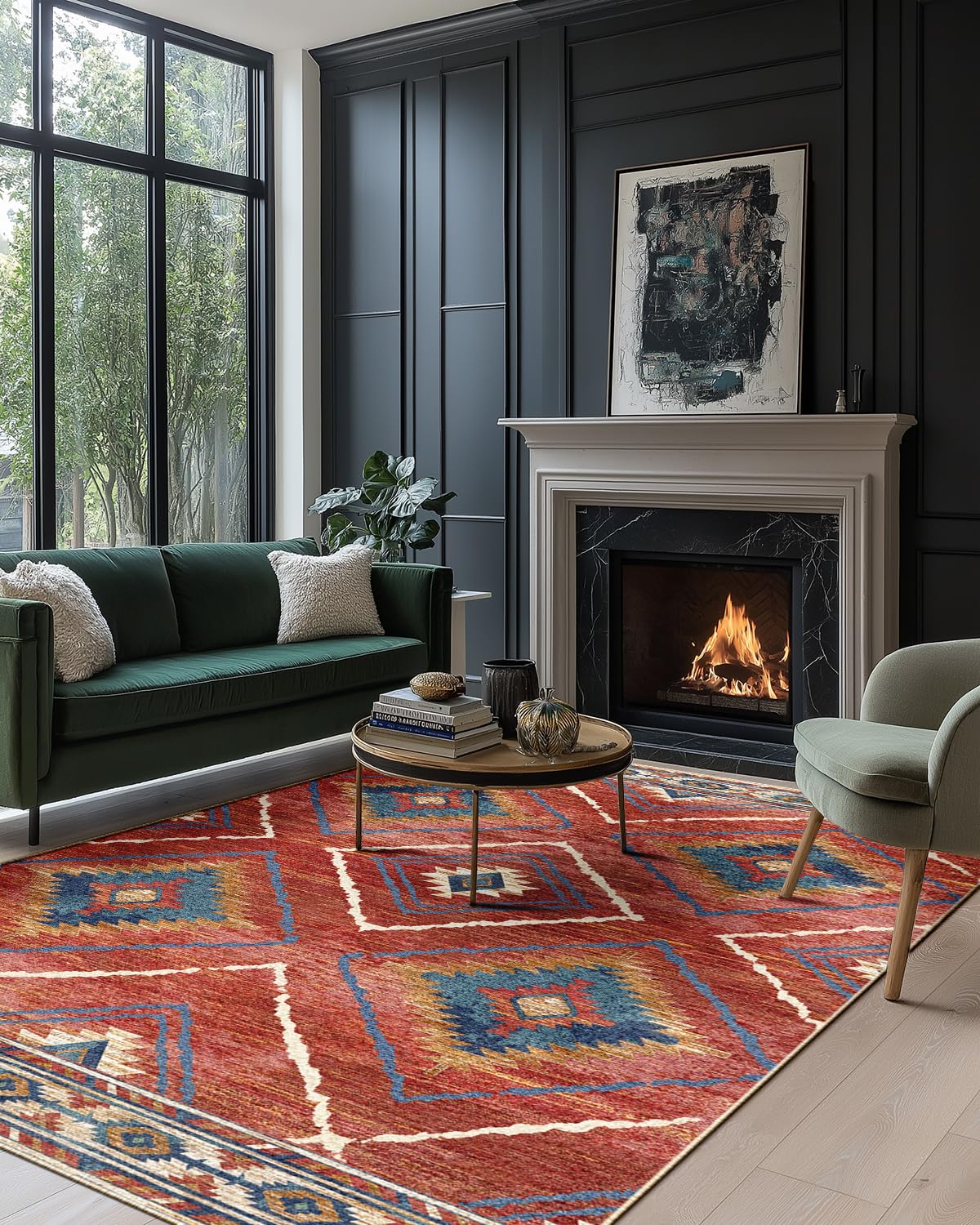 Machine Washable Rugs Living Room, 90x150 cm Non-Slip Kitchen Rugs Non Slip, Soft Short Pile Vintage Red Rugs for Bedroom, Moroccan Rug for Hallway, Bedroom, and Kitchen, Red