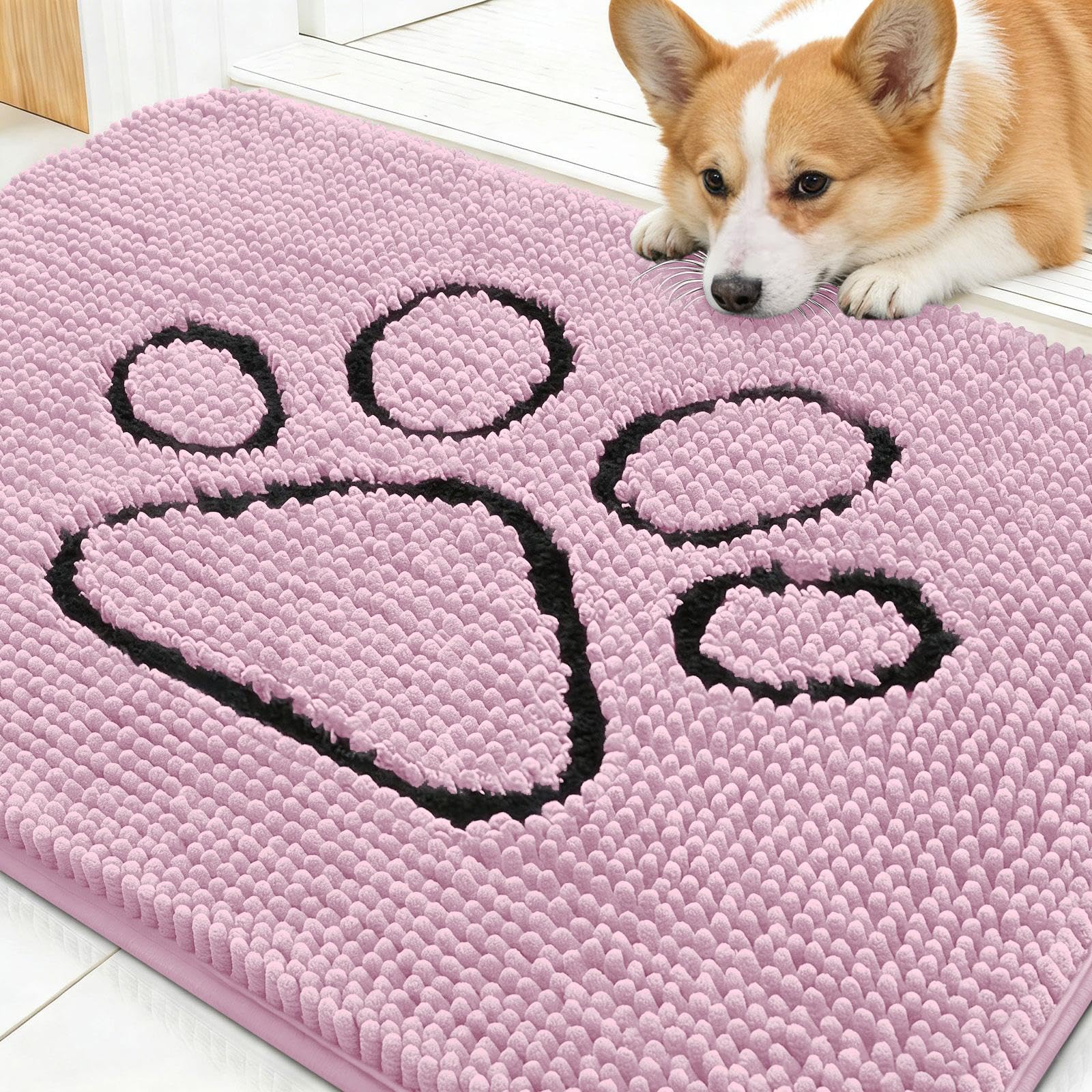 OLANLY Dog Door Mat for Muddy Paws 30x20, Paw Print Design Chenille Mud Mat