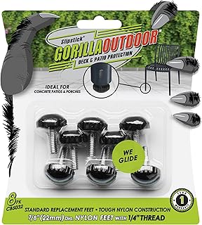 Slipstick Gorilla Outdoor Adjustable Furniture Levelers (8 Pack) Weatherproof Screw in Leg Glides for Chairs, Tables, and Outdoor Furniture Feet, 7/8 Inch Nylon Spherical Glide, 1/4"-20 BSW Thread