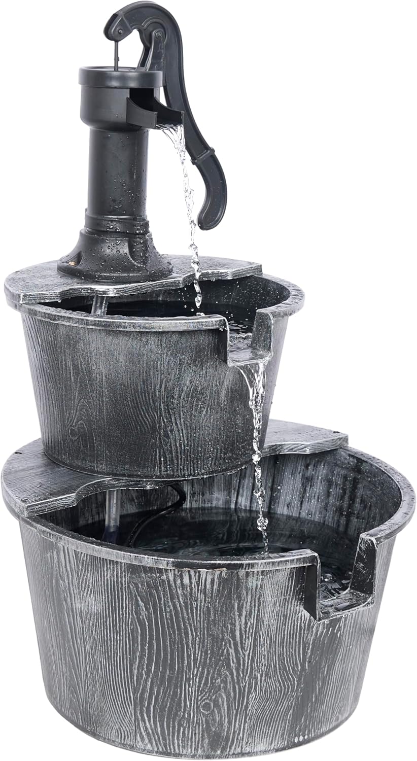 Alpine Corporation 27" Tall Rustic Outdoor 2-Tier Barrel Pump Water Fountain with Soothing Cascading Water Flow for Patio, Yard, Porch, or Landscape, Gray