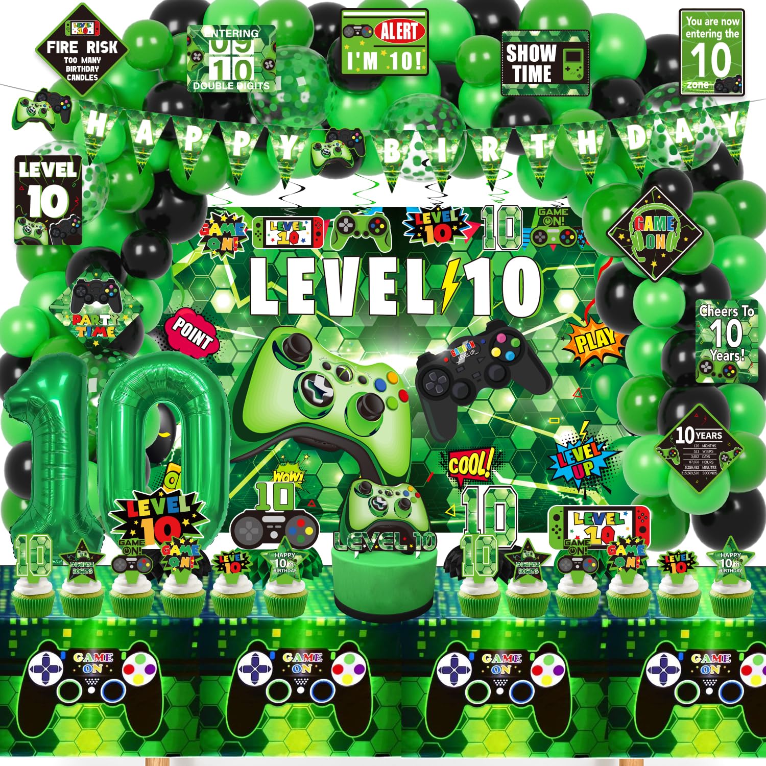 KOTLMIGHT 10th Birthday Decorations for Boys, 148Pcs Green Video Game level 10 Party Supplies for Boy 10th Birthday - Backdrop, Banner, Balloons,