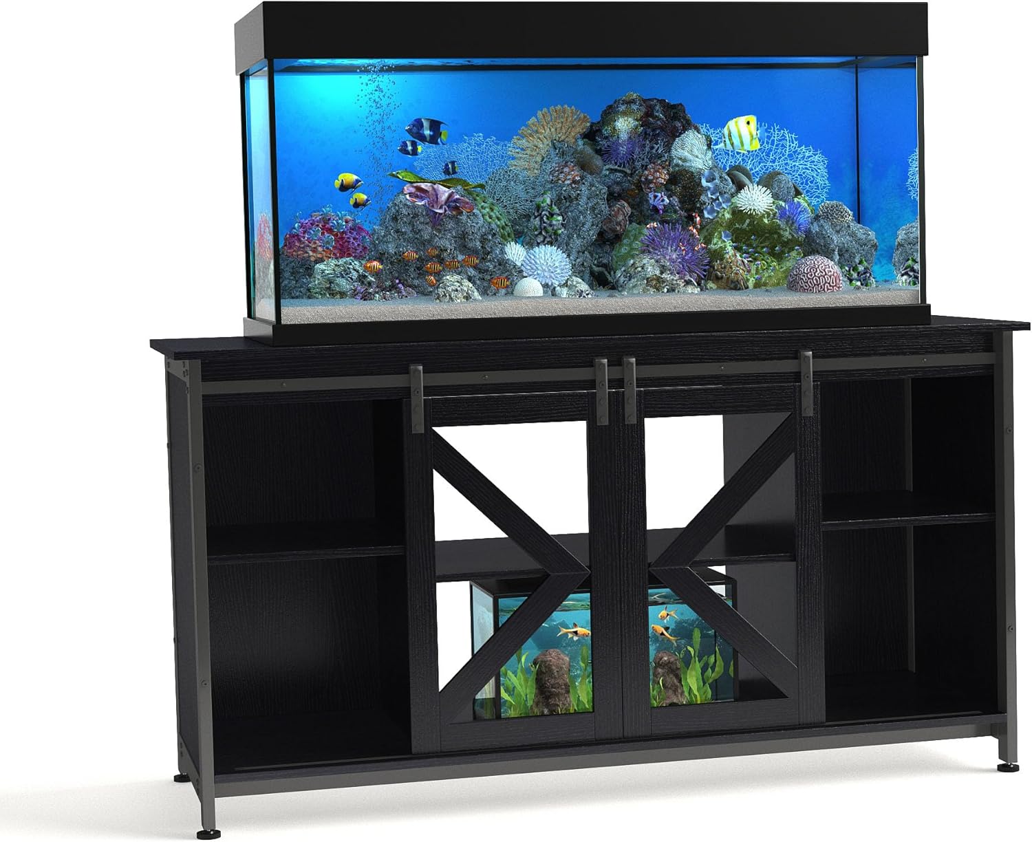 80 Gallon Fish Tank Stand with Sliding Doors, Farmhouse Aquarium Stand with Storage Cabinet, Heavy Duty Fish Tank Table for Turtle Tanks Reptile, Adjustable Feets, 1000 LBS Capacity (Black)