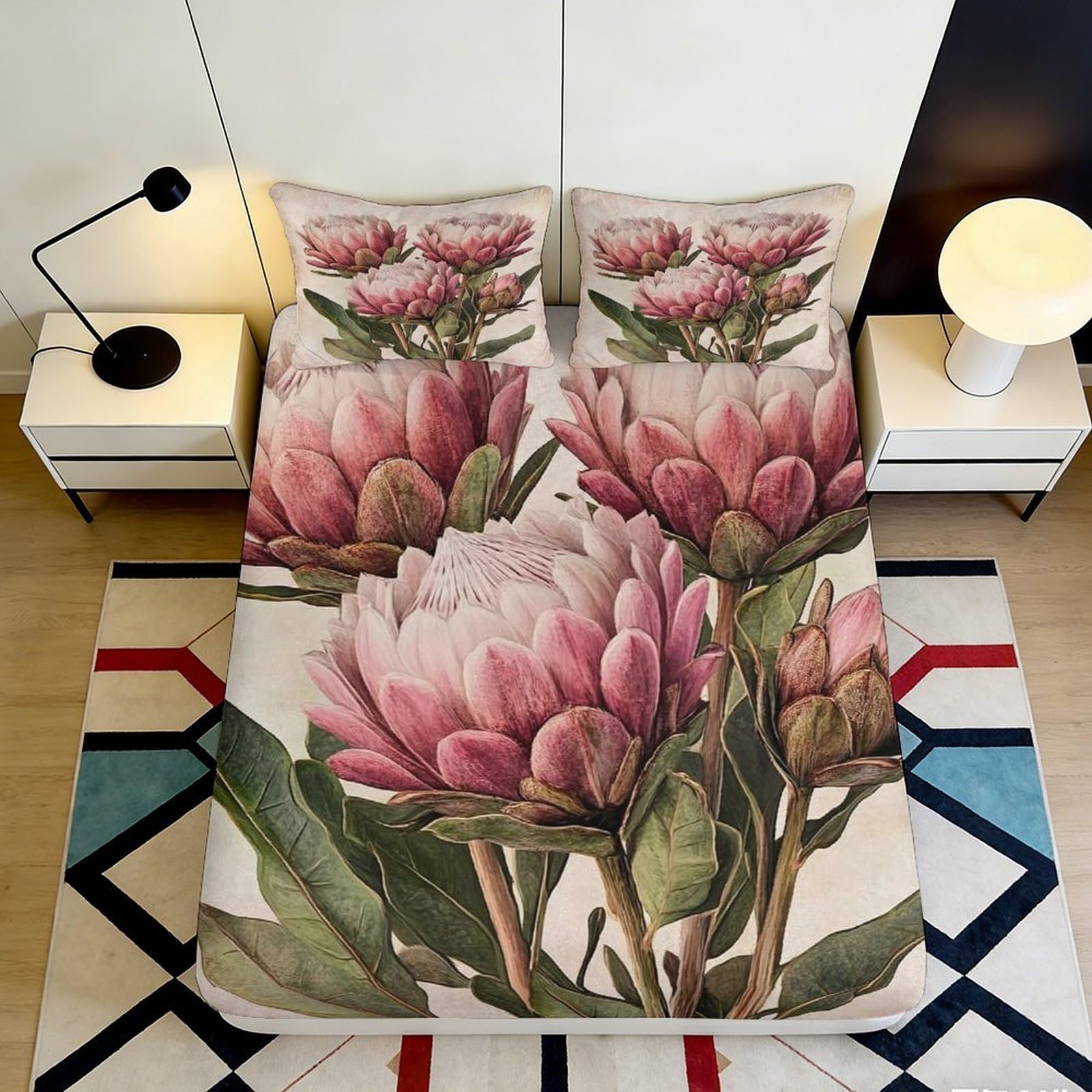 3D Printed Pink Protea Flower Fitted Sheet Microfiber Anti-Slip Botanical Bed Cover for Bedroom Guest Room Decor 160x200x25cm