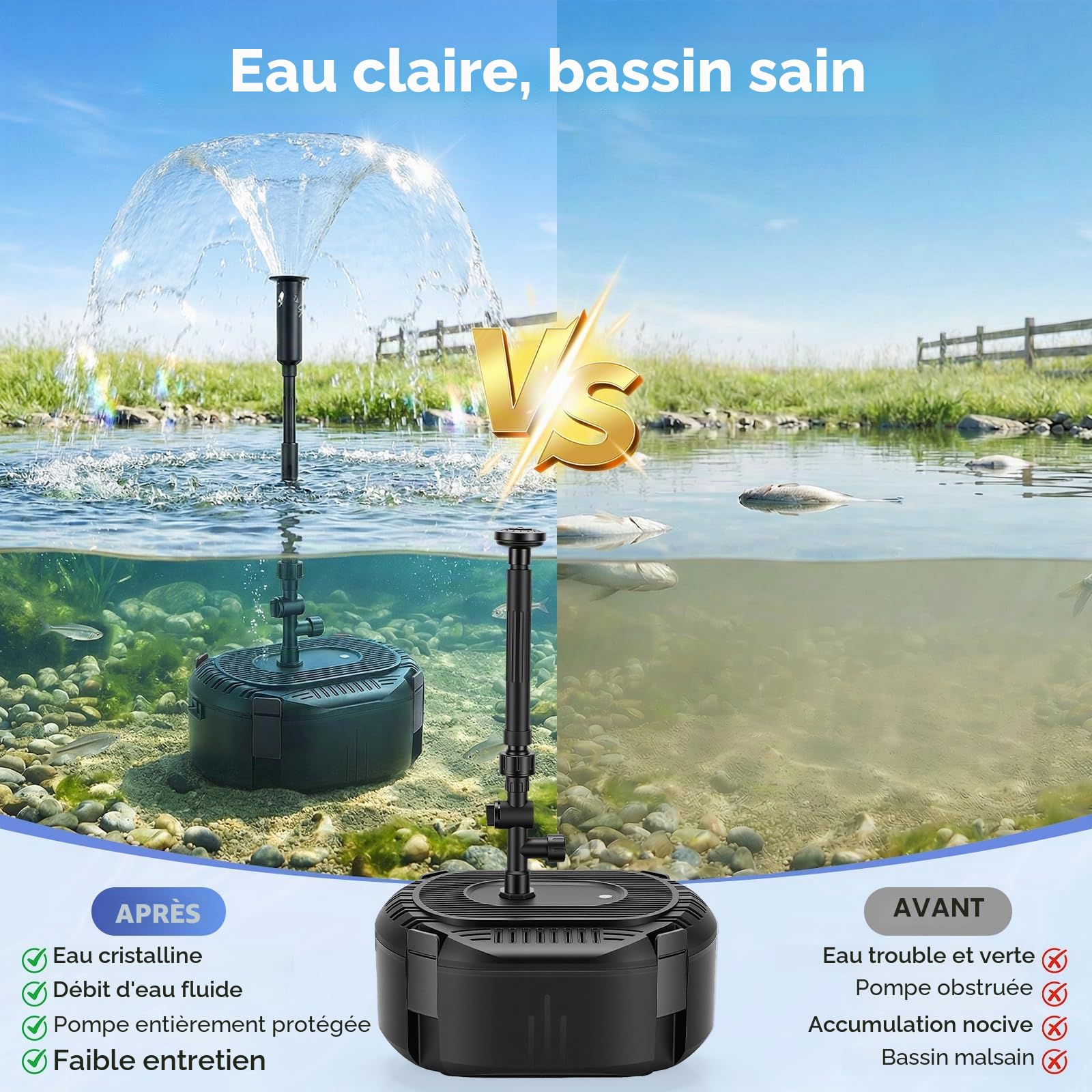Pompe de bassin avec filtre et fontaine, 40 W 3000 l/h filtre de bassin avec pompe, mini bassin avec câble d'alimentation de 3 m pour bassin extérieur, jeu d'eau pompe de Fontaines