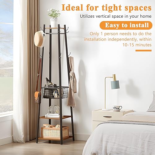 Miniatura 10 de VECELO Perchero independiente, árbol de pasillo con cesta de metal y estantes de almacenamiento, perchero industrial con 8 ganchos para colgar