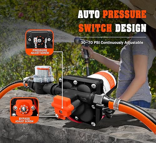 Miniatura 4 de Versión mejorada Bomba de agua de diafragma autocebante de 12 V CC, 30-70 PSI ajustable continuamente, flujo de agua de 6.0 GPM, bomba de agua dulce