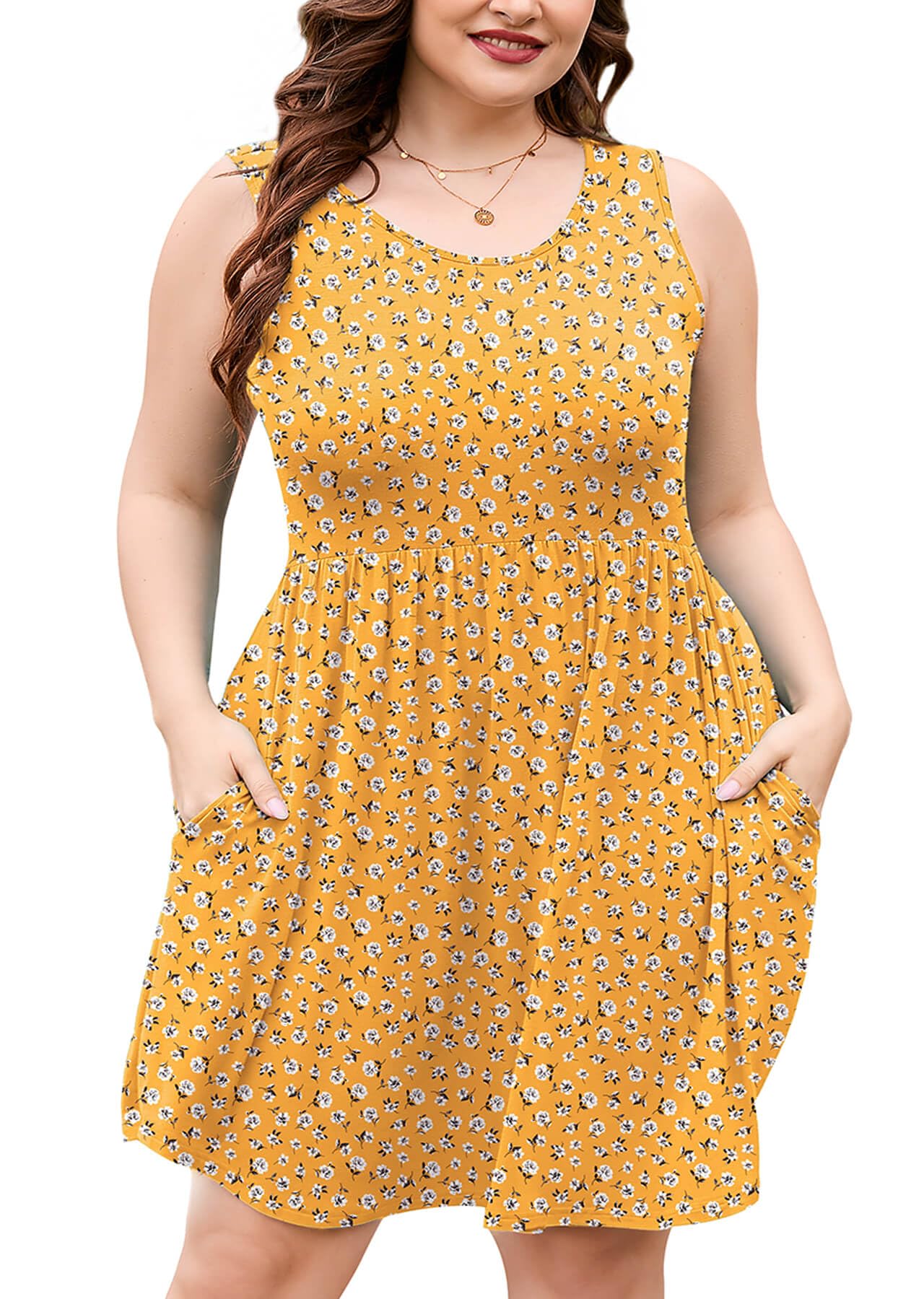 AusLook Plus Size Summer Tank Dress for Women Casual Sleeveless Crewneck Pleated Babydoll Swing Sundresses with Pockets 1X-5X