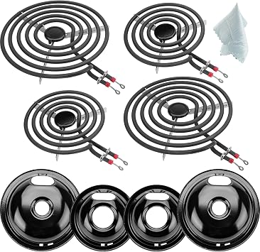 W10290350 W10290353 Black Porcelain Burner Drip Pan Bowls & MP22YA Electric Range Burner Element Unit Set by Cenipar-Compatible with Whirl-pool Frigi-daire Ama-na Range Oven/Stove