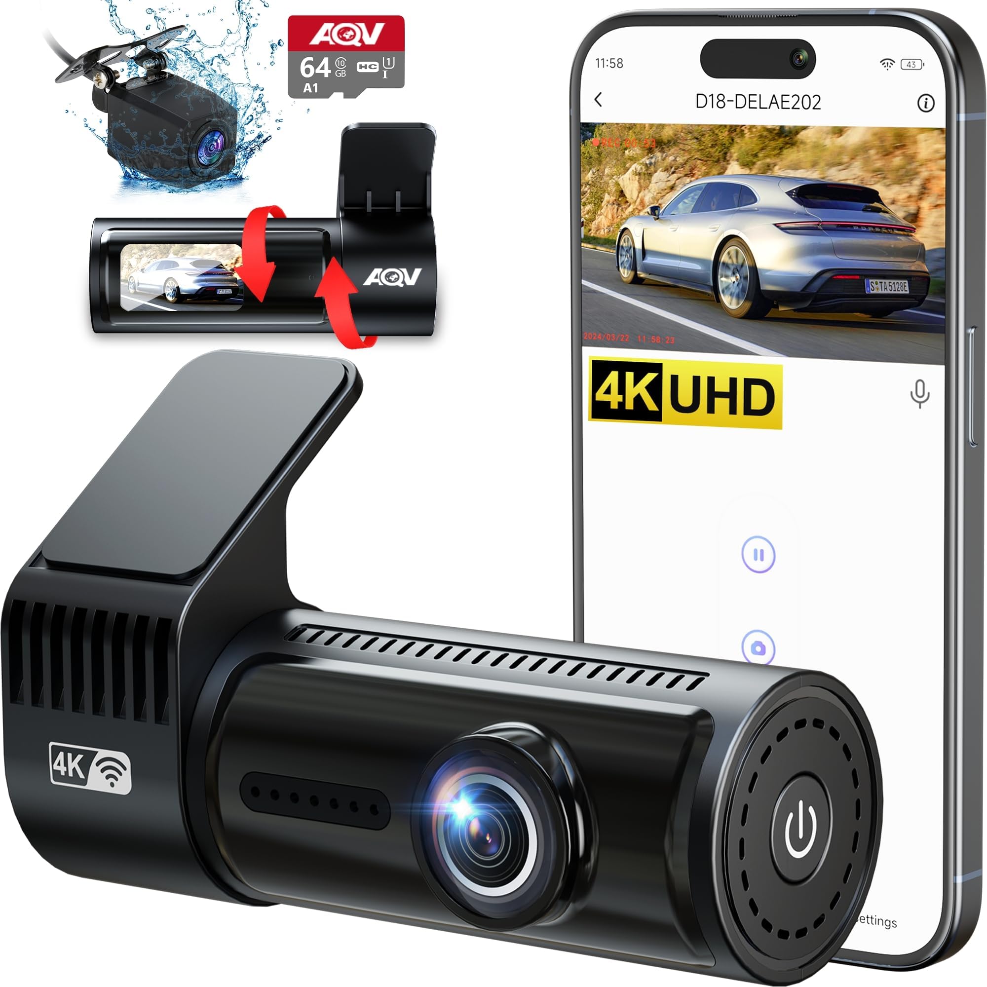 Dash Cam CHORTAU 4K Anteriore + 1080P Posteriore Con WiFi, Schermo IPS 2,99” E Scheda 64GB Inclusa