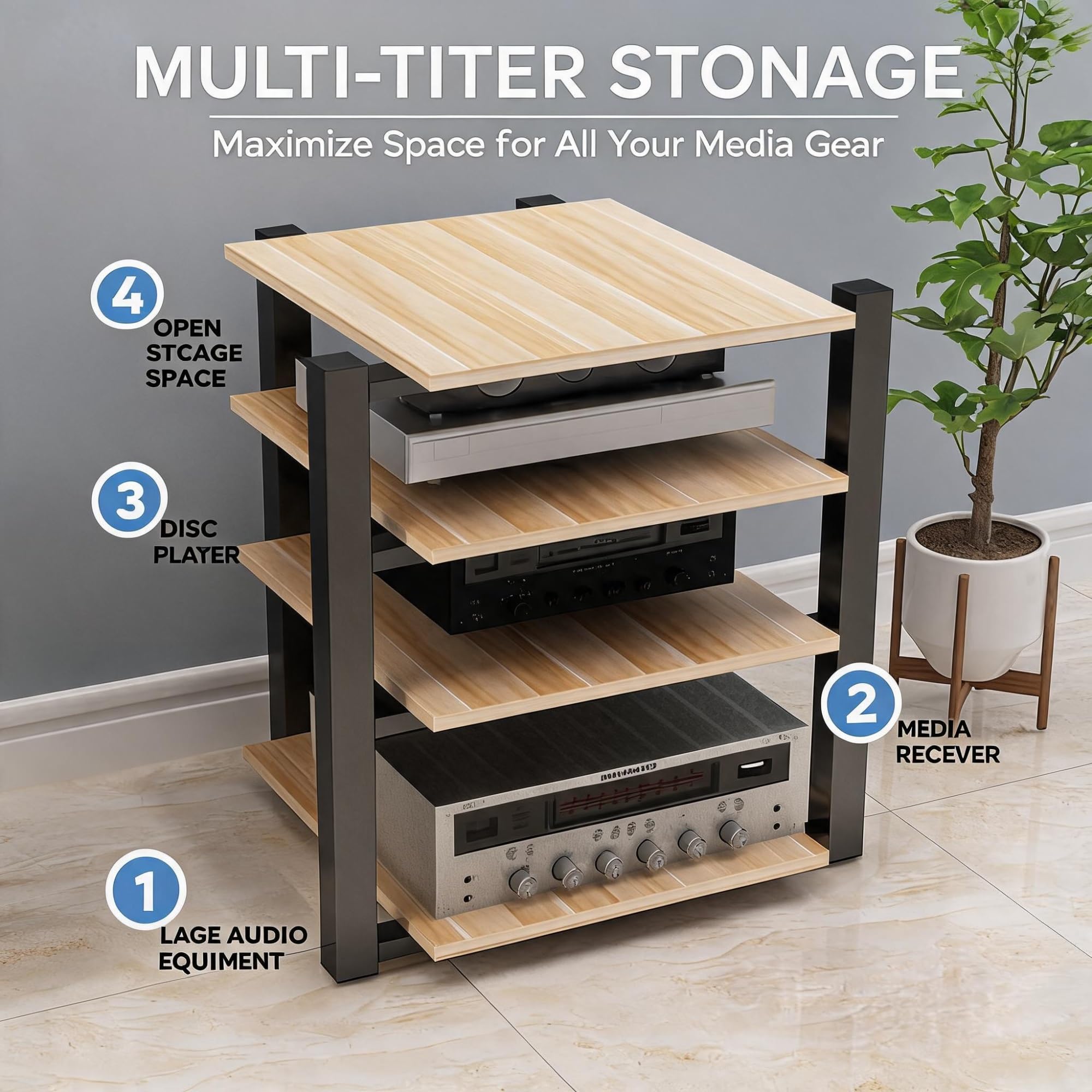 Supporto per audio rack, torre di intrattenimento a 2/3/4 livelli per home theater o ufficio, armadietto audio resistente per organizzare apparecchiature AV