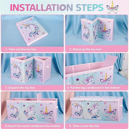 Miniatura 7 de WERNNSAI Cofre de juguetes extra grande – Caja de juguetes de unicornio organizadora de pecho con tapa abatible, contenedor de almacenamiento