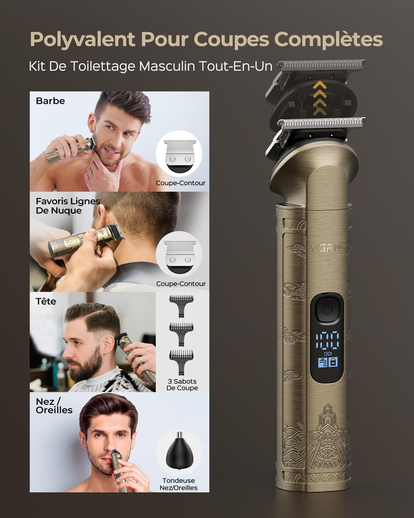 VGRPRO kit tondeuse cheveux hommes, barbe, Rasoir Electriques Imperméable à Grille, Tondeuse Cheveux Sans Fil, Réglage à 4 Vitesses, Affichage LED de la Batterie,Utilisation en Barber (Gloden)