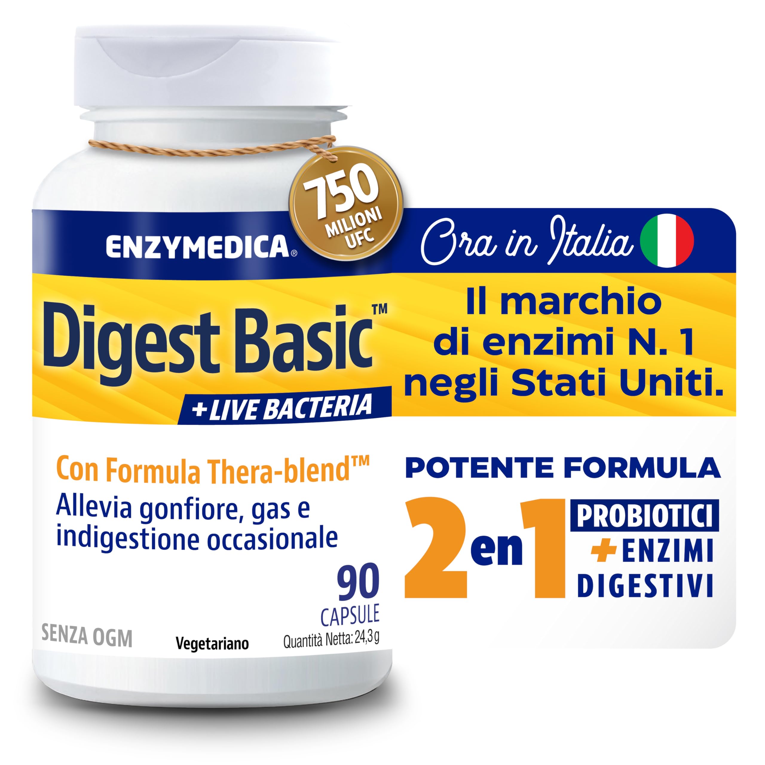 Enzymedica, Digest Basic + Live Bacteria, Integratore Alimentari con Enzimi Digestivi e Probiotici, Indicato per Irregolarità e Gonfiore Addominale, Gluten Free, Senza Lattosio, 90 Capsule