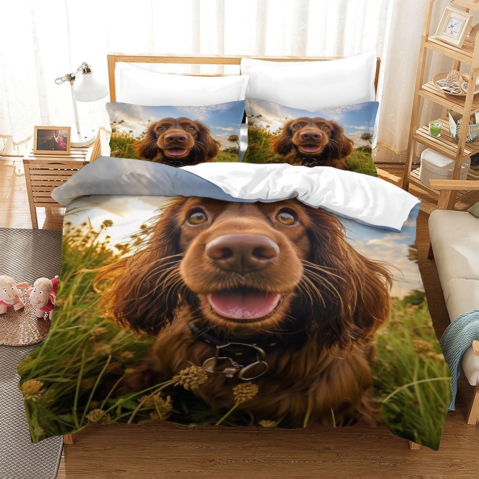 Housse de couette chien 140x200cm pastoral avec taie d'oreiller