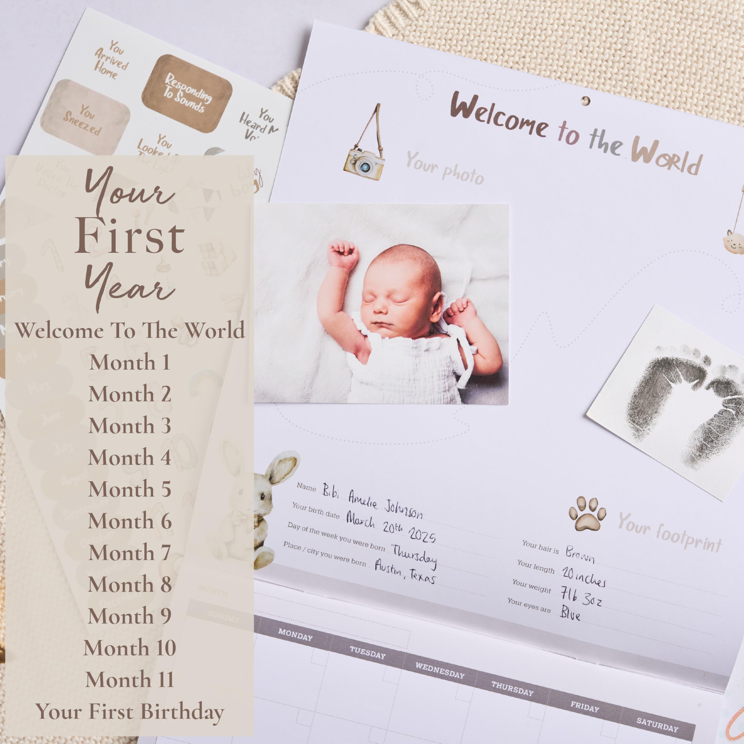 Baby erstes Jahr Kalender mit 100 Aufklebern - Unisex Baby Design 1. Jahre Wandkalender mit Aufklebern, Baby Tracker, Baby Scrapbook für neue Mutter und Neugeborene Jungen & Mädchen