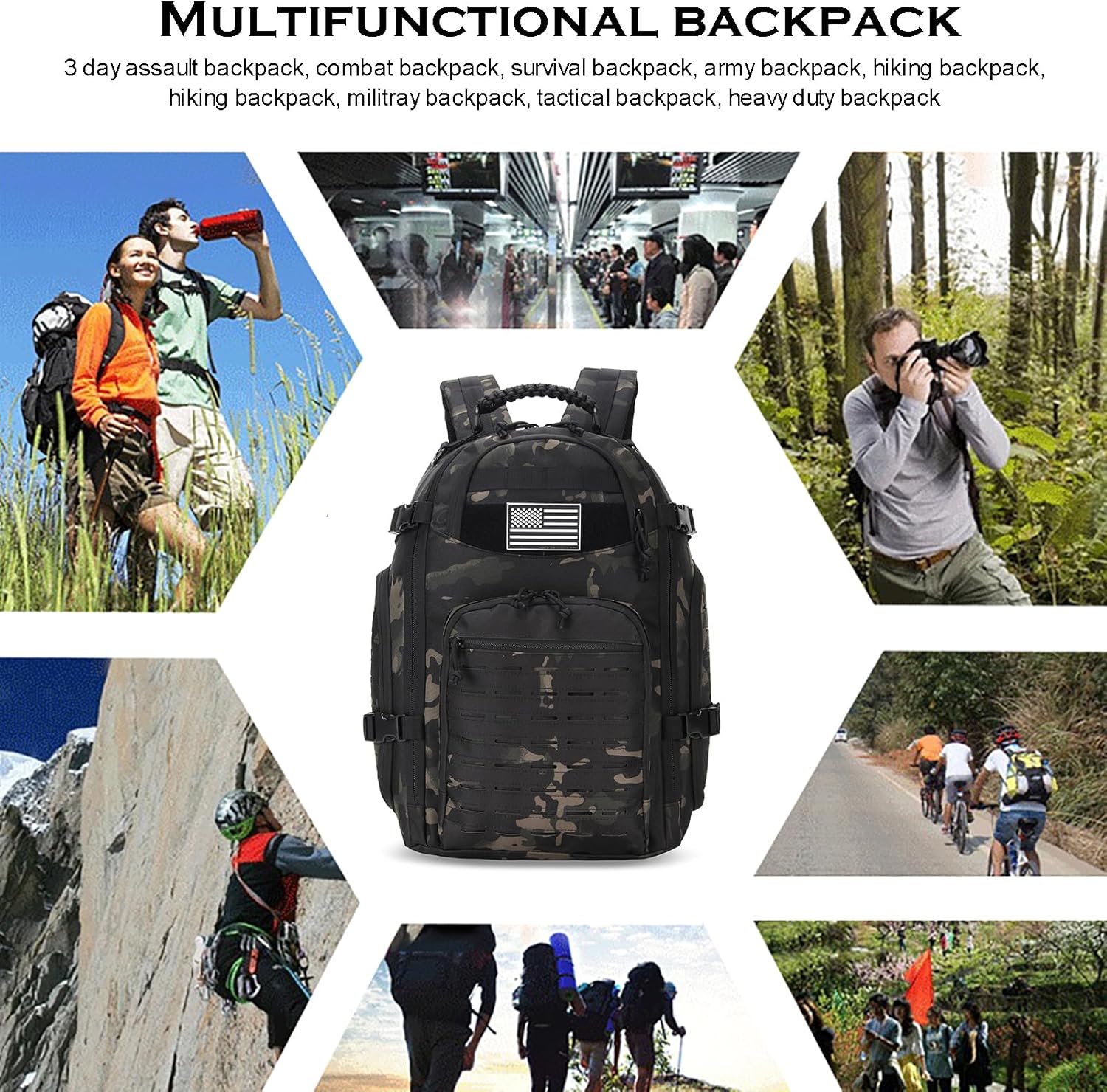 35L Tactical Backpack for Men Heavy Duty Military Backpack 3 Day Assault Pack Molle Backpack Hiking Rucksack (BlackMix)