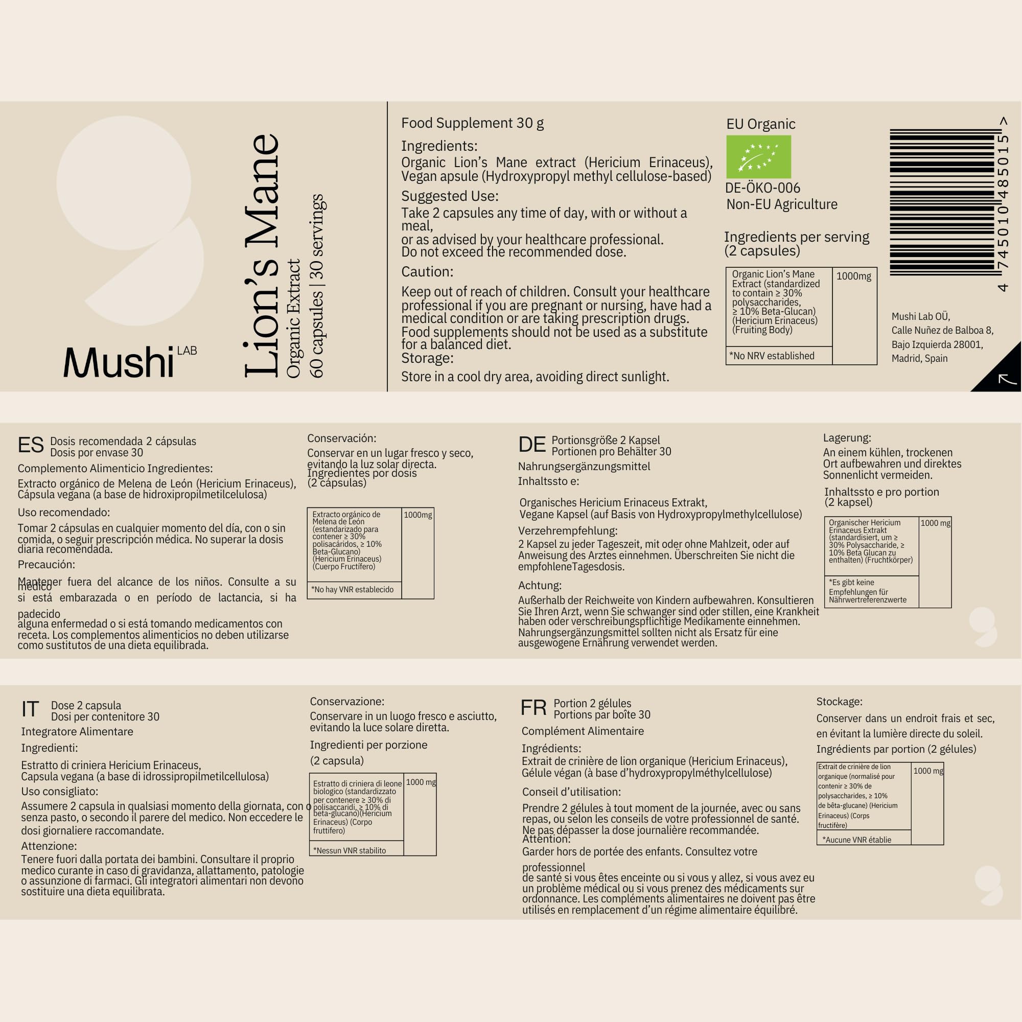 Melena de Leon Mushi LAB | Extracto Orgánico Puro de Melena de León 8000mg | Potencia Memoria, Concentración y Salud Intestinal | Sin Aditivos | Lions Mane | Vegano | Fabricado en Alemania