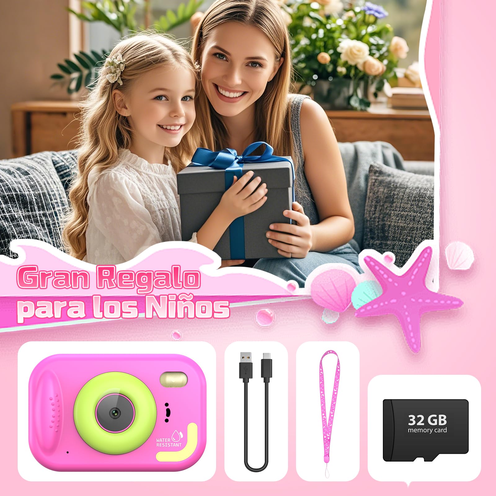 CHAKEYAKE Camara Acuatica Infantil, 1080P IP67 Cámara Fotos Impermeable con Tarjeta 32GB, Pantalla de 2.4'', Zoom Digital 10X, Juguete para Piscina y Playa, Regalo para Niños Niñas de 3–12 Años
