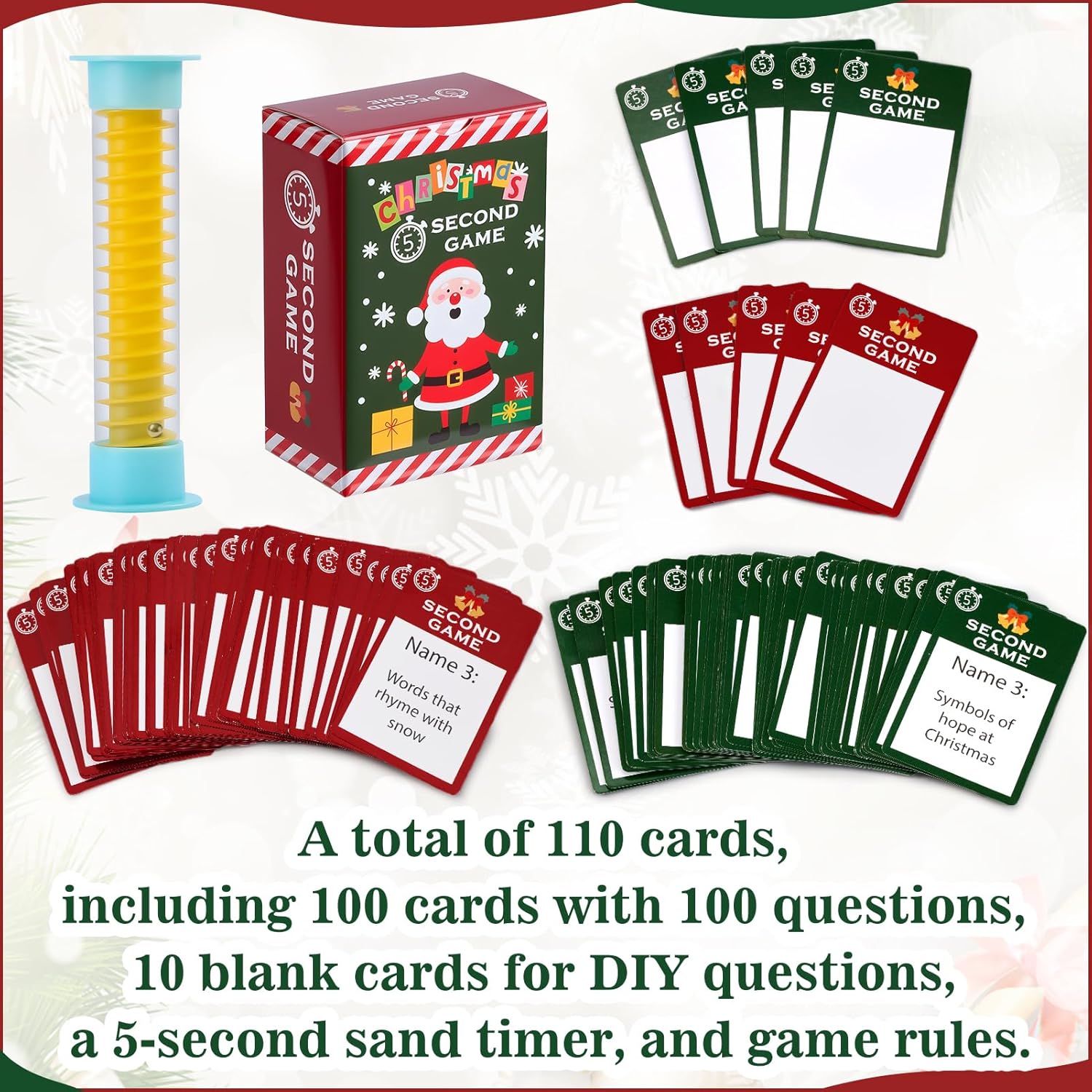 Christmas 5 Second Game with 110 Question Cards and 5 Second Hourglass,Funny Christmas Party Games,Simple Questions Card Game for Adults,Travel-Friendly for Game Nights & Sleepovers
