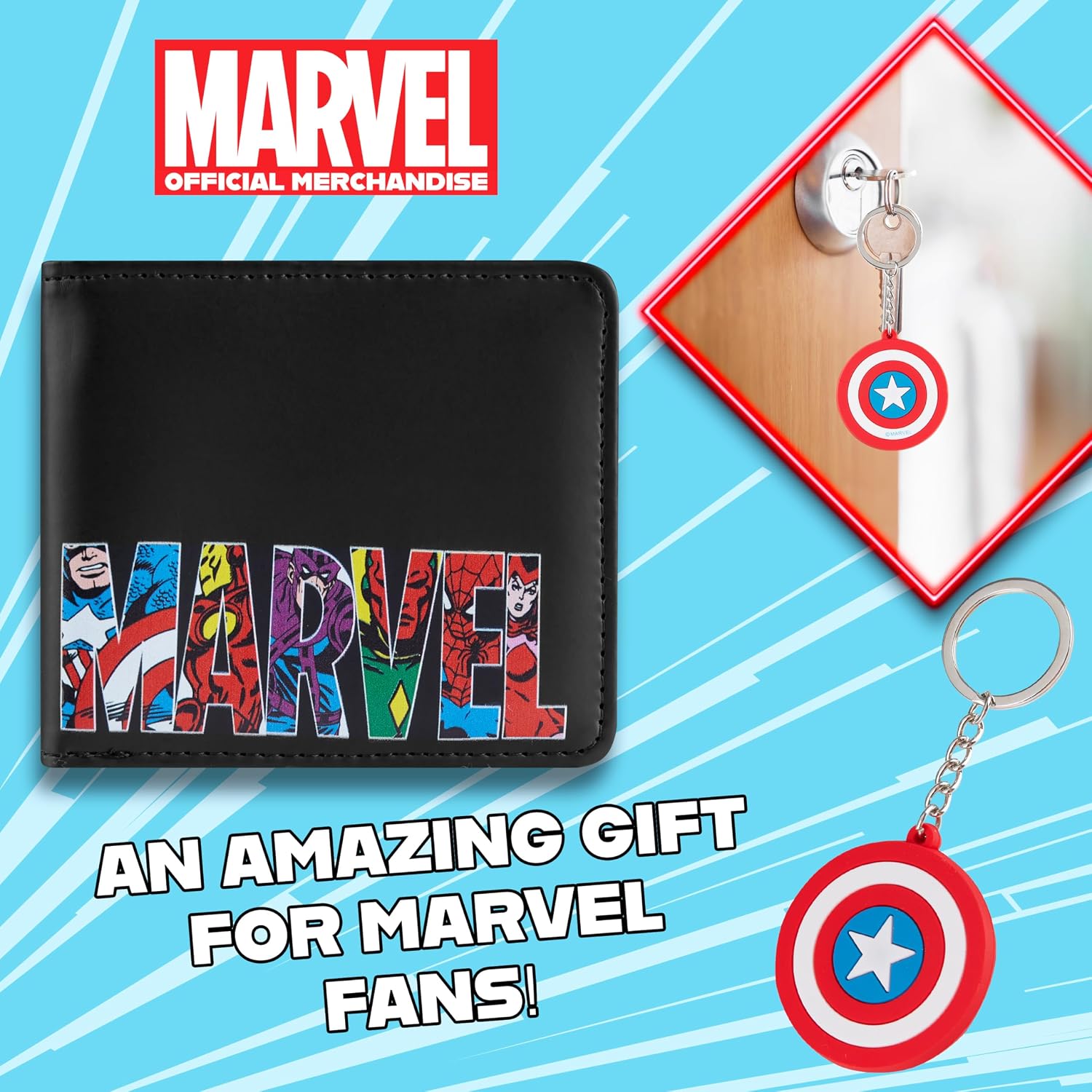 Marvel Card Wallet and Keyring Set for Men Teenagers - Card Slots ID Pocket Groot Mens Wallet - Gifts for Men (Black Captain America)