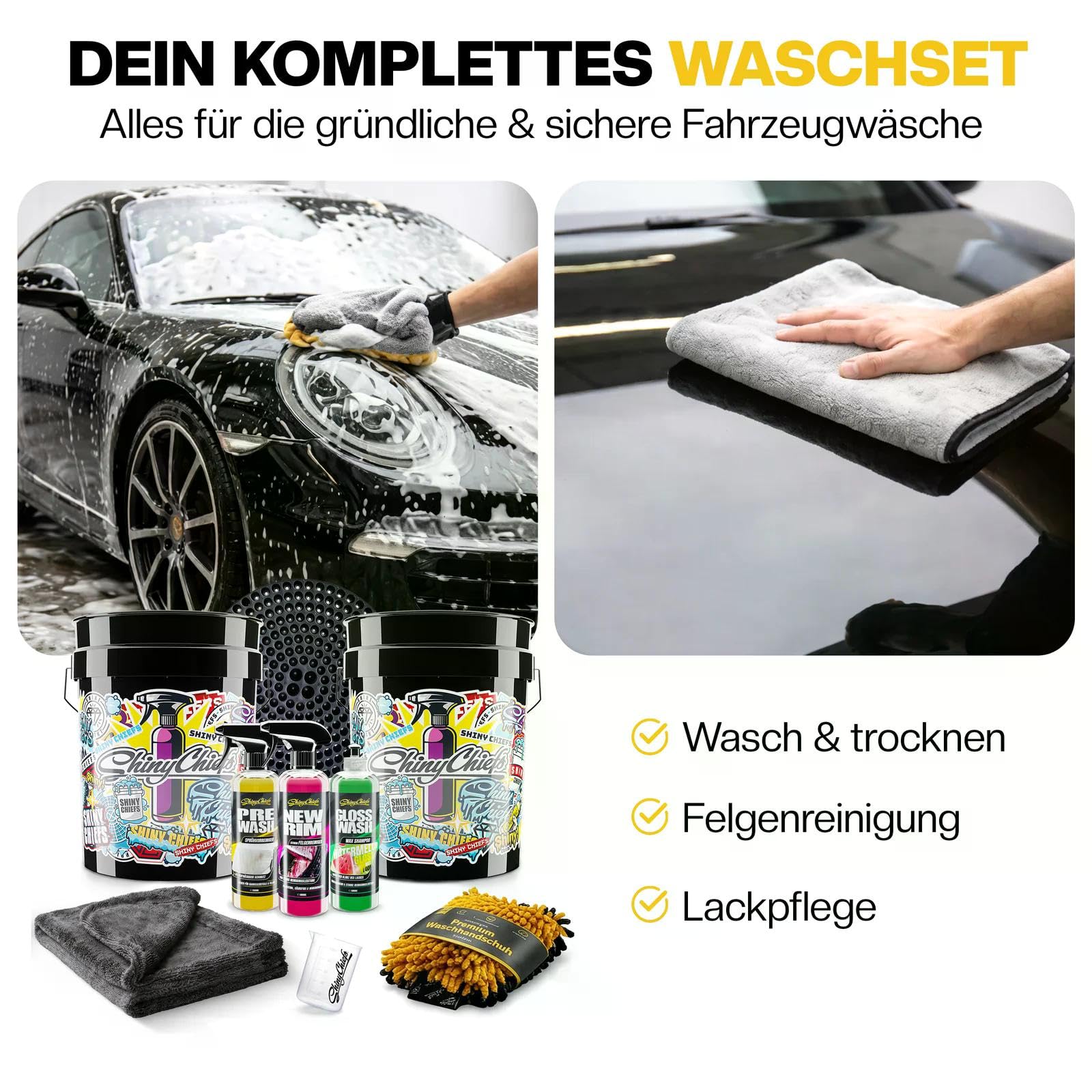ShinyChiefs Auto Pflege System Basic Plus Pro | Premium Autopflege Set mit 2-Eimer-Methode, Wax Shampoo, Vorreiniger, Felgenreiniger & Trockentuch