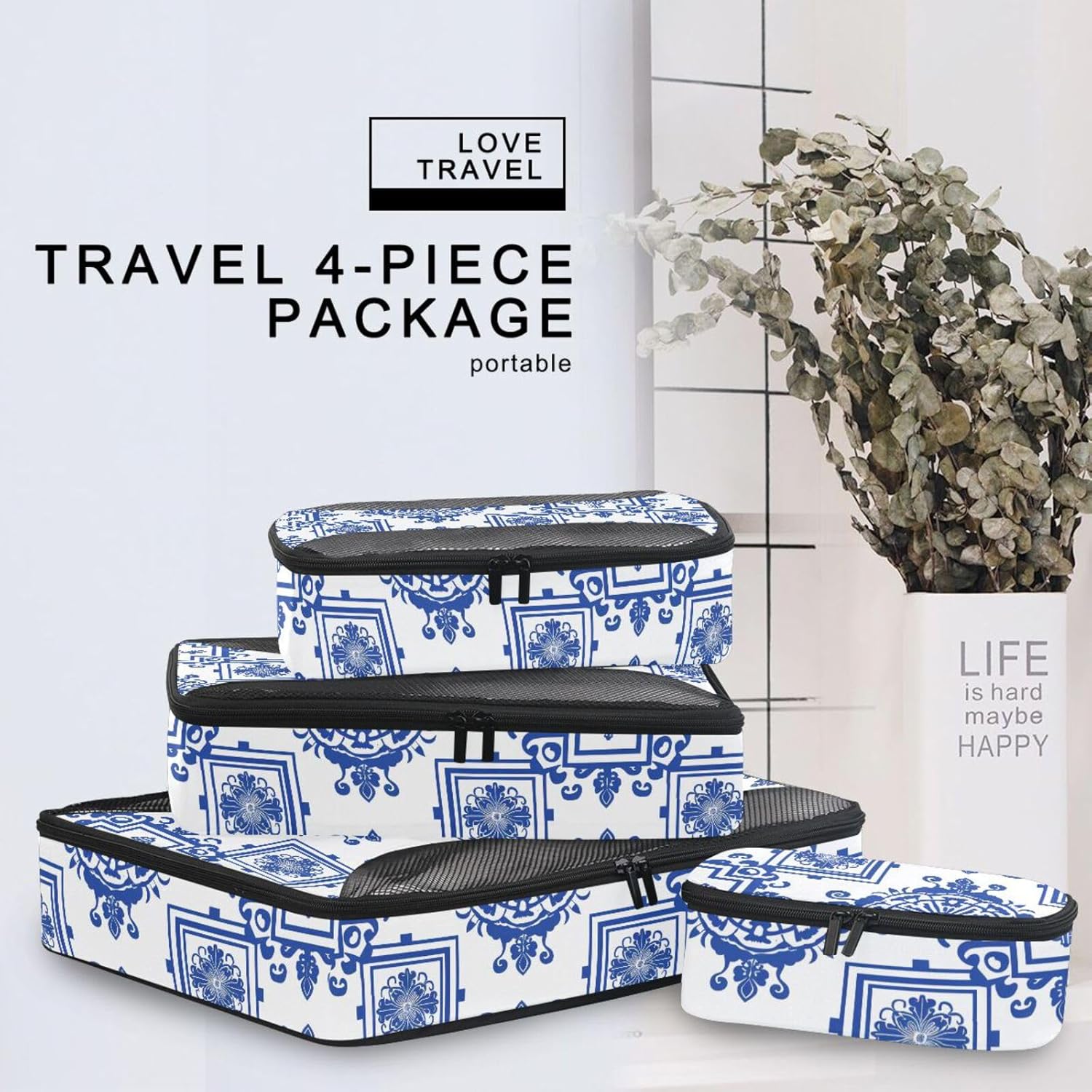 4 Pcs set travel organizer bags Mesh Travel Essentials Chinese Geometric Patterns lightweight packing cubes set