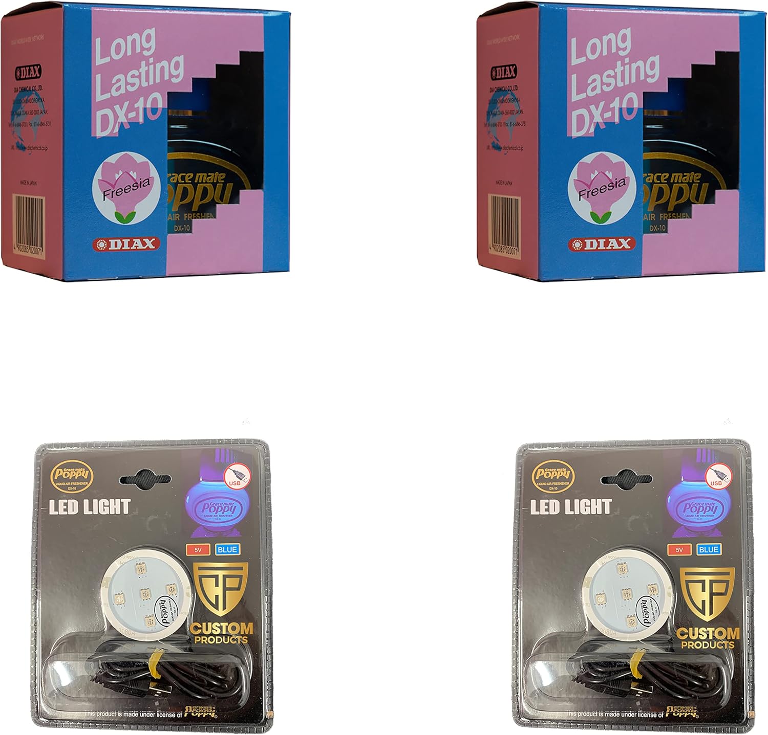 2 x Freesia Gracemate Poppy Air Fresheners and 2 x BLUE Led Light Base