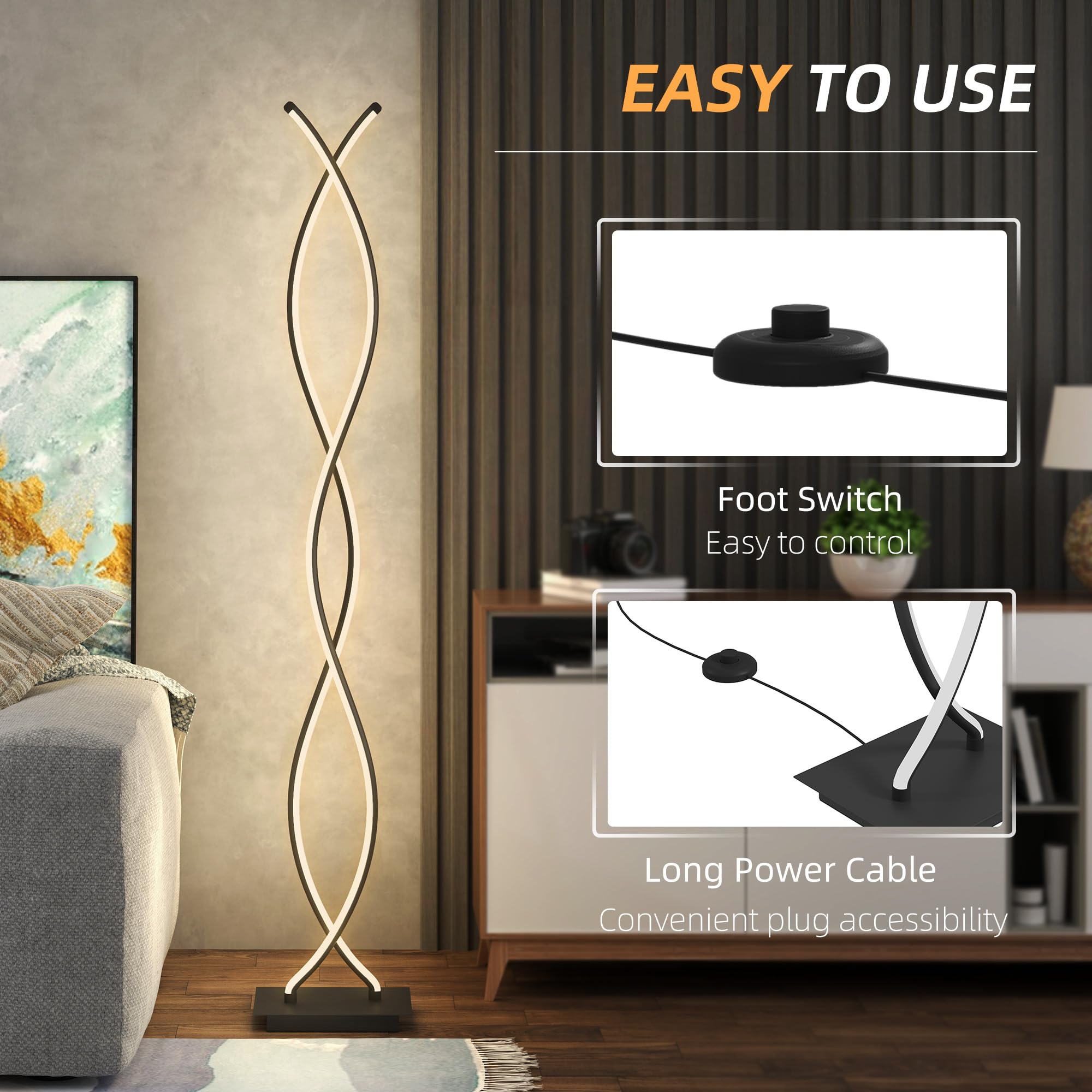 HOMCOM LED Lampa stojąca, regulowana, wyłącznik nożny, 144 cm, czarna