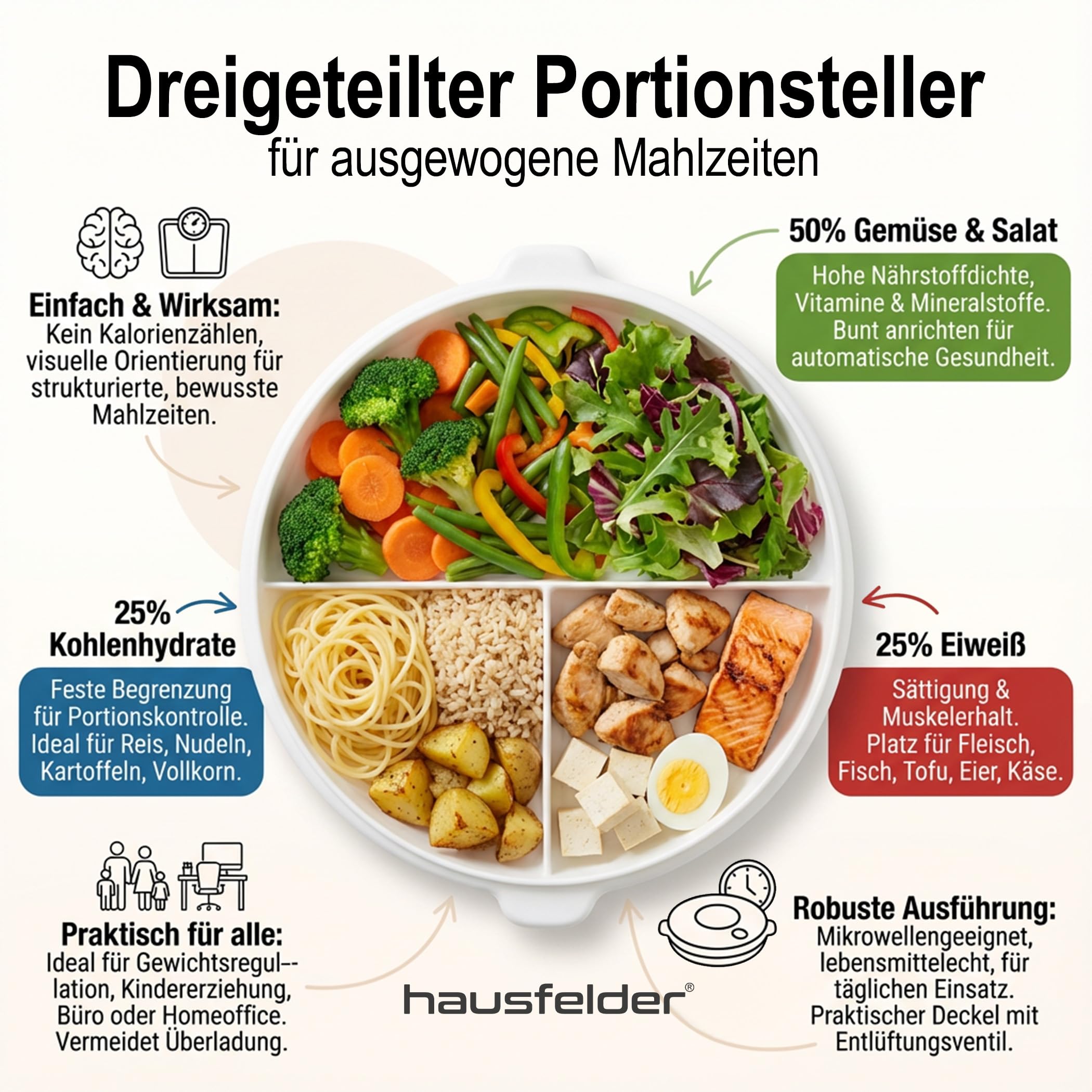 Hausfelder Mikrowellen Menuteller 2er Set, | spülmaschinen- und mikrowellengeeignet, stapelbar, Menüteller mit Unterteilung zum Aufwärmen und Warmhalten