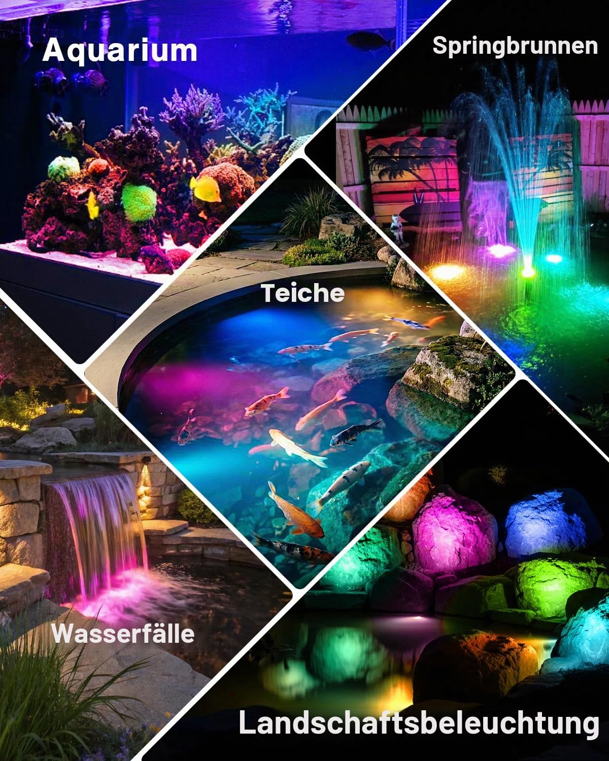 HIBOITEC RGB Teichbeleuchtung, Photozellensensor und Timer, Mehrere Farben Unterwasserbeleuchtung Teich mit Niedervolt Transformator, IP68 Wasserdicht Poolbeleuchtung Teich Beleuchtungen