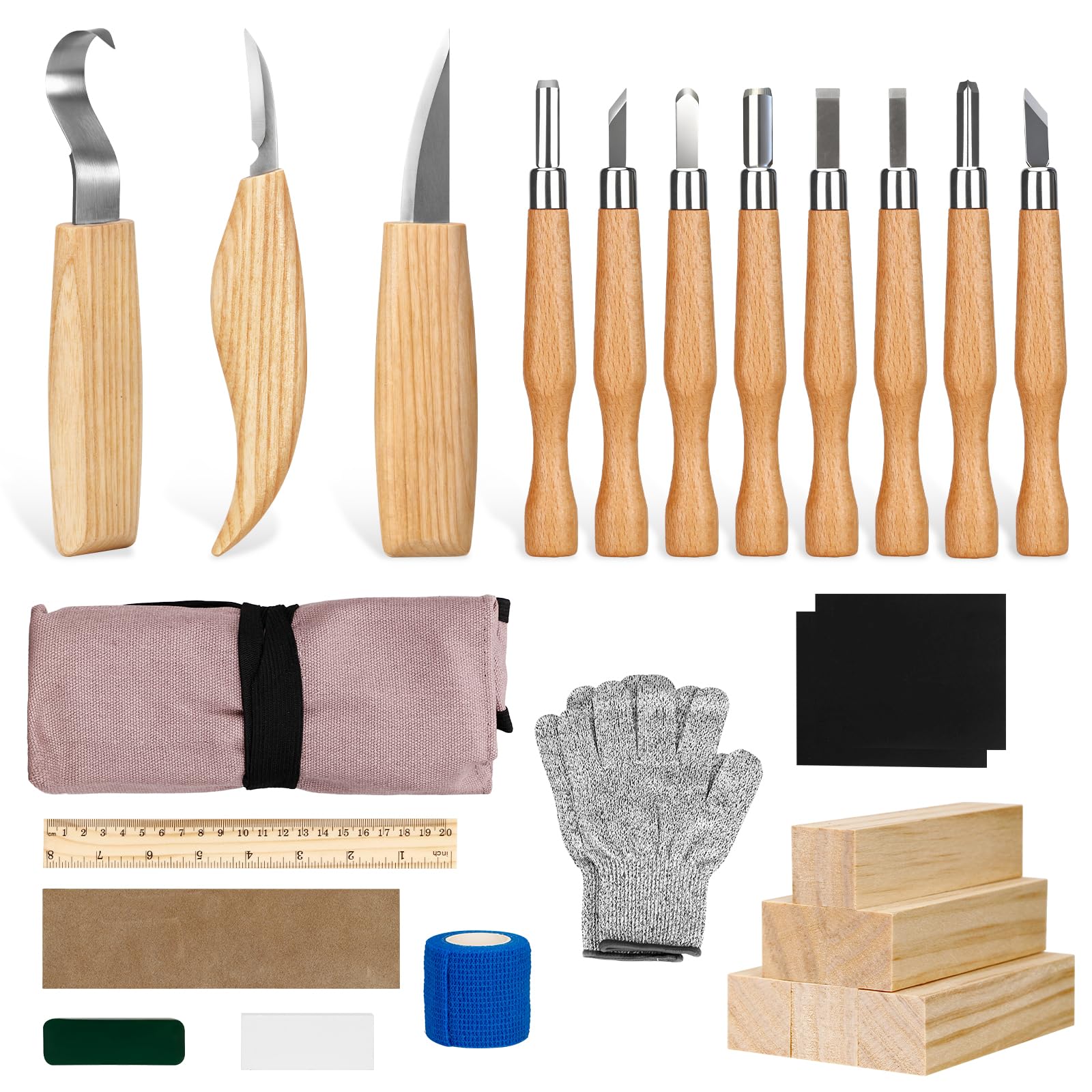 Set di strumenti per intaglio in legno, set di strumenti per intaglio con guanti resistenti al taglio, manico e pietra per affilare, per principianti e professionisti