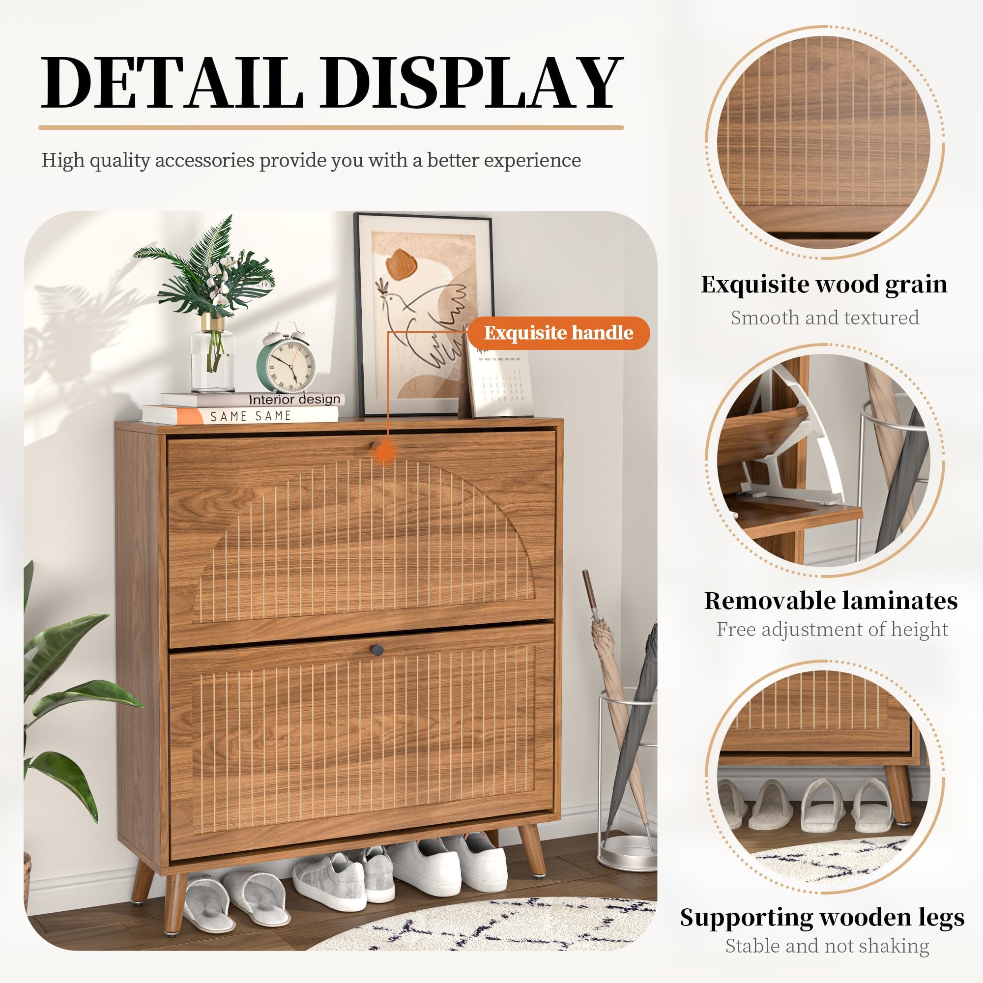 Fsbecl Shoe Storage Cabinet for Entryway with 2 Fluted Flip Drawers, Walnut | Narrow Design, Freestanding Shoe Rack with Adjustment Shelves, Wooden Hidden Organizer for Hallway Foyer, 12-16 Pairs