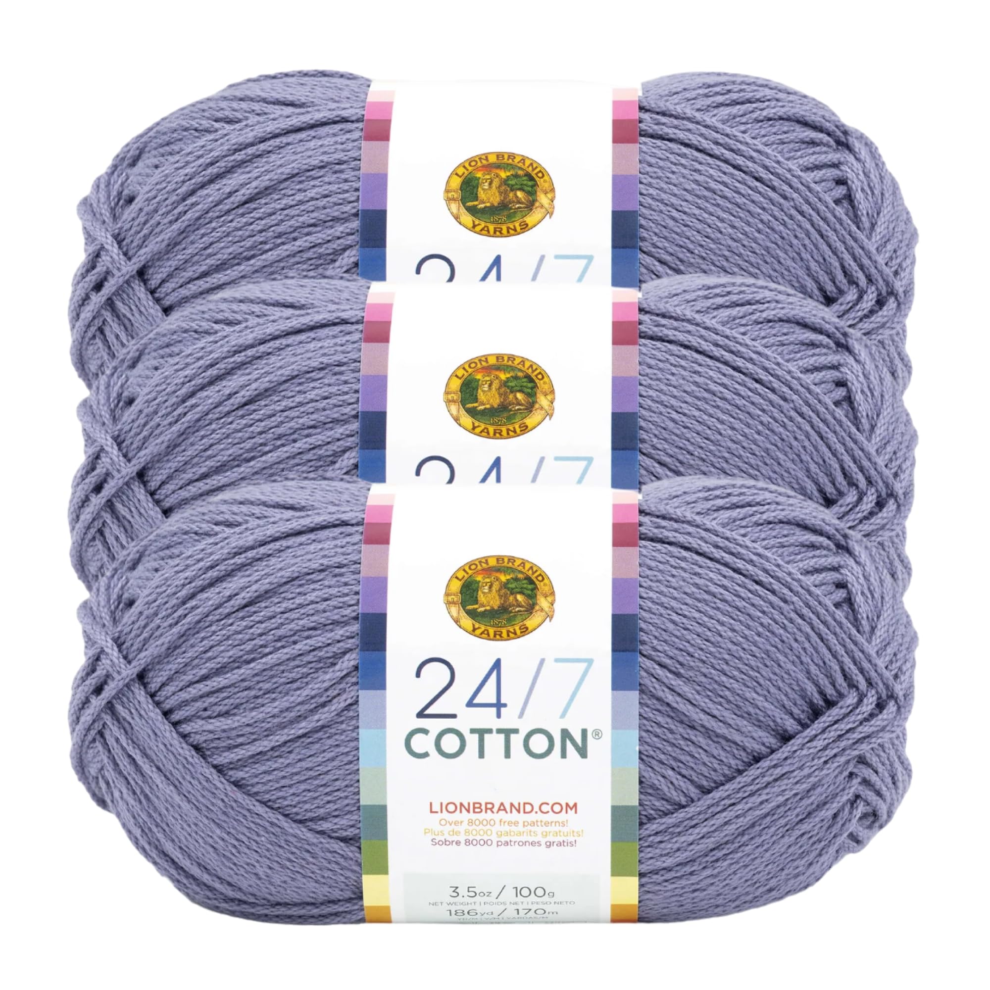 Lion Brand Yarn, 24/7 Cotton Mercerized Lightweight Yarn for Knitting, Crochet, and Crafts, Blue Grey, 3 Pack, 185 Yards of Natural Fiber for Breathable Tops, Durable Bags, and Easy-Care Dish Cloths — image 1