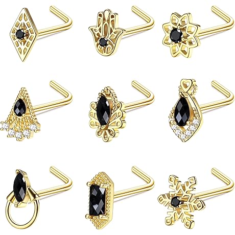 9PCS Boho Nose Ring, 20G Stainless Steel Stone L-Shape Nose Jewelry