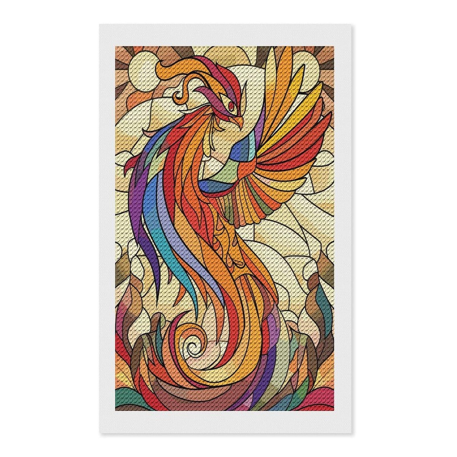 Junmoney Stained Glass Phoenix Rising Diamond Art Kit 12"x20", Vintage Style Decor, Stress Relief Craft, Decor Project, Relaxing DIY, Creative Hobby