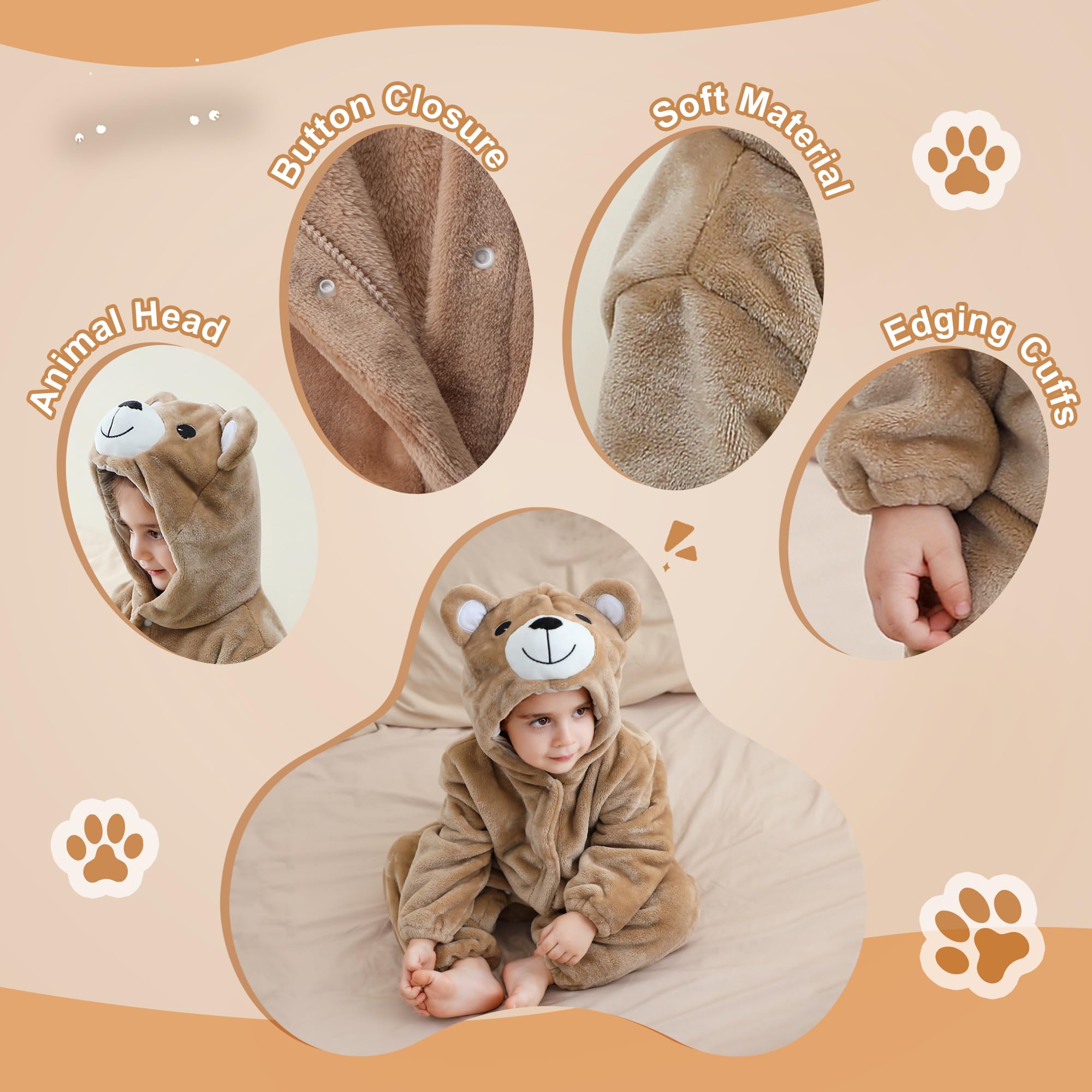 Grenouillère Bébé en Flanelle Ours Multicolore Fermeture à Boutons-Pression Combinaison Hiver Douce et Confortable pour Nouveau-Né et Nourrisson,2-36 Mois