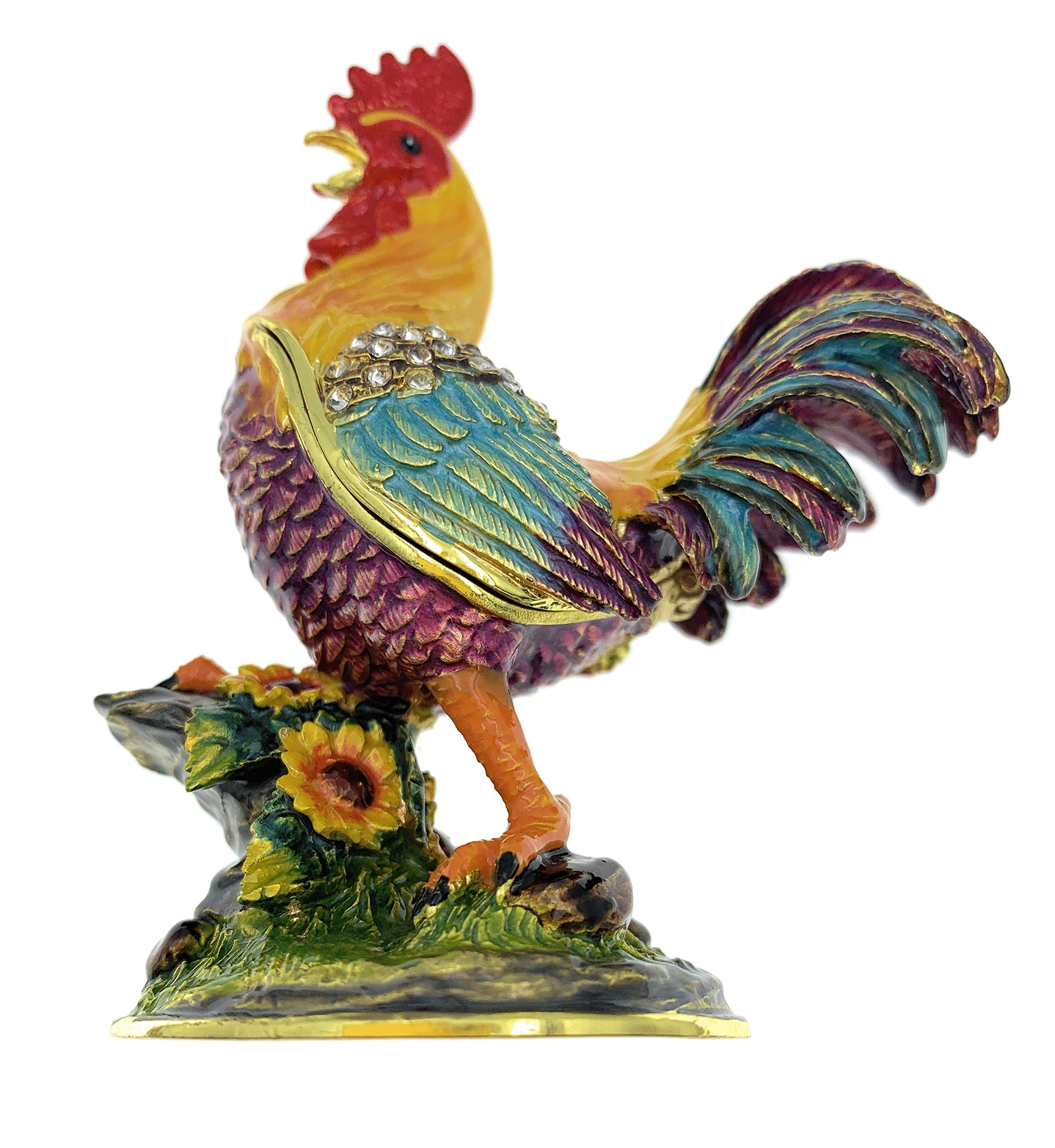 Kubla CraftsEnameled Country Rooster Trinket Box, Accented with Austrian Crystals, 3.5 Inches Tall