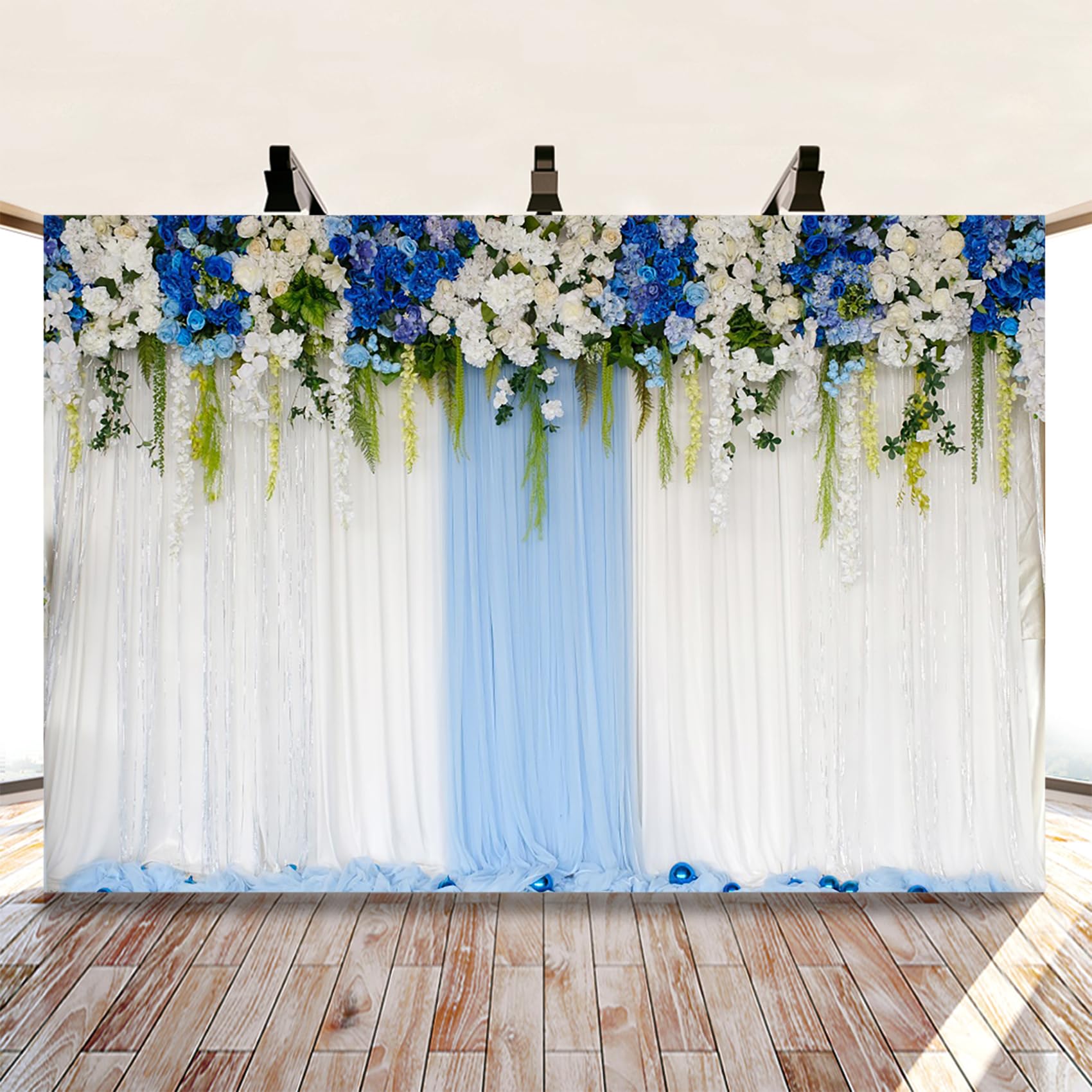 3x2m Hochzeit Hintergrund Party Hintergrund Blaue Blumen Vorhang Empfang Zeremonie Fotografie Hintergrund Kuchen Dessert Tisch Banner Portrait Studio Requisiten, Vinyl