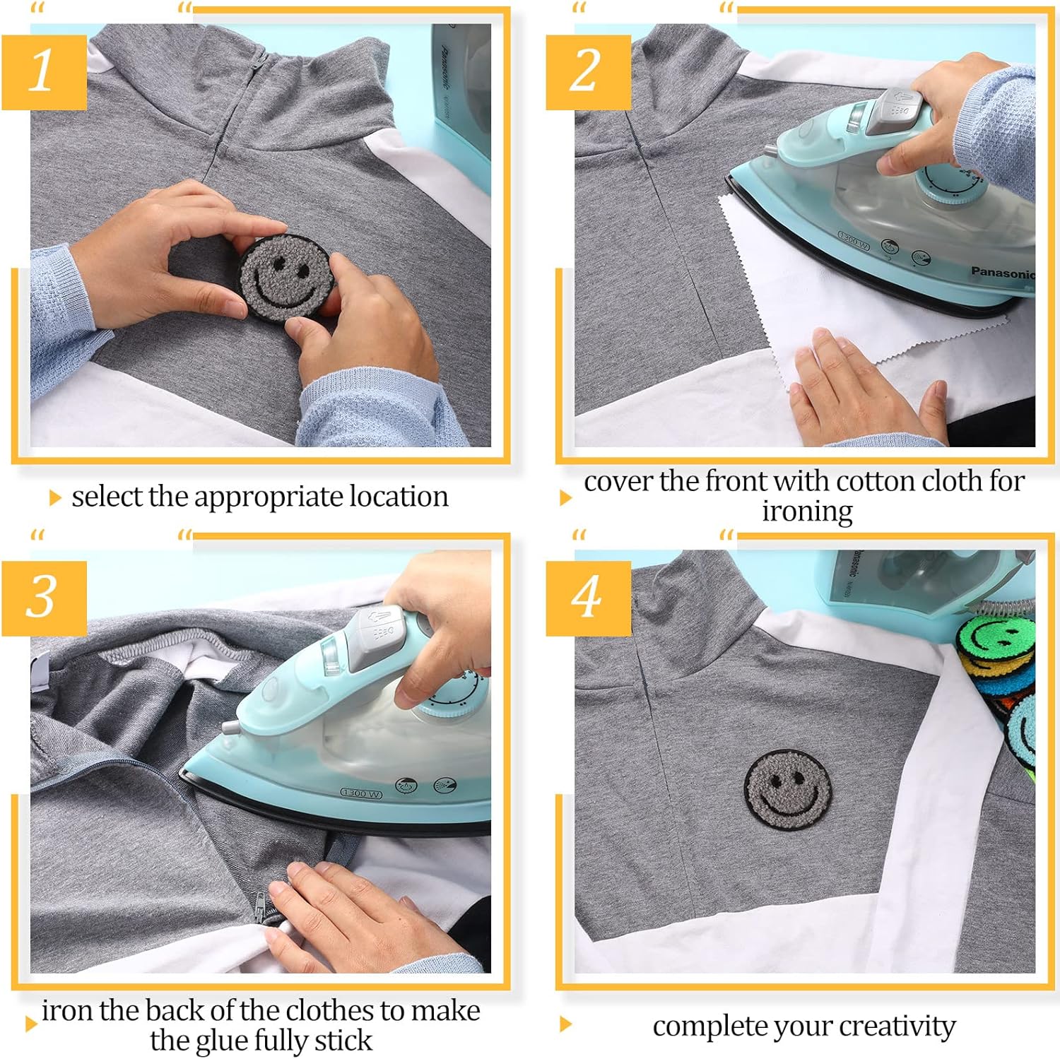 24 Pcs Smile Face Patch Iron on Patches 2 Inch Chenille Cute Preppy Happy Face Patches Glitter Heat Sequins Applique for Backpacks Hats Clothes Jackets Decorative DIY Craft - Image 5