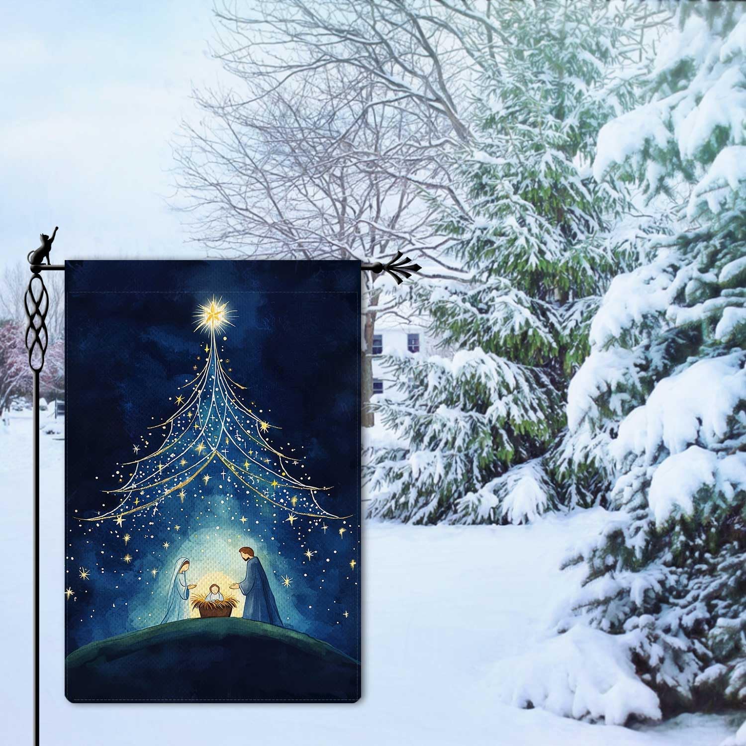 O Holy Night Garden Flag Nativity Night Garden Flag Nativity of Christ Christmas Vertical Double Sided Rustic Farmland Burlap Yard Lawn Outdoor Decor 12.5x18" - Image 2