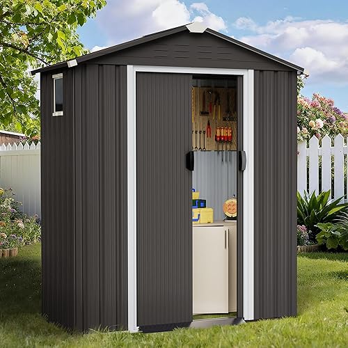 Shintenchi 5x3 FT Outdoor Storage Shed with Window, Lockable Outdoor Waterproof Tool Storage Sheds, Weather Resistant Tool Storage House Shed for Garden, Backyard, Patio Utility Tool Storage,Dark Gray