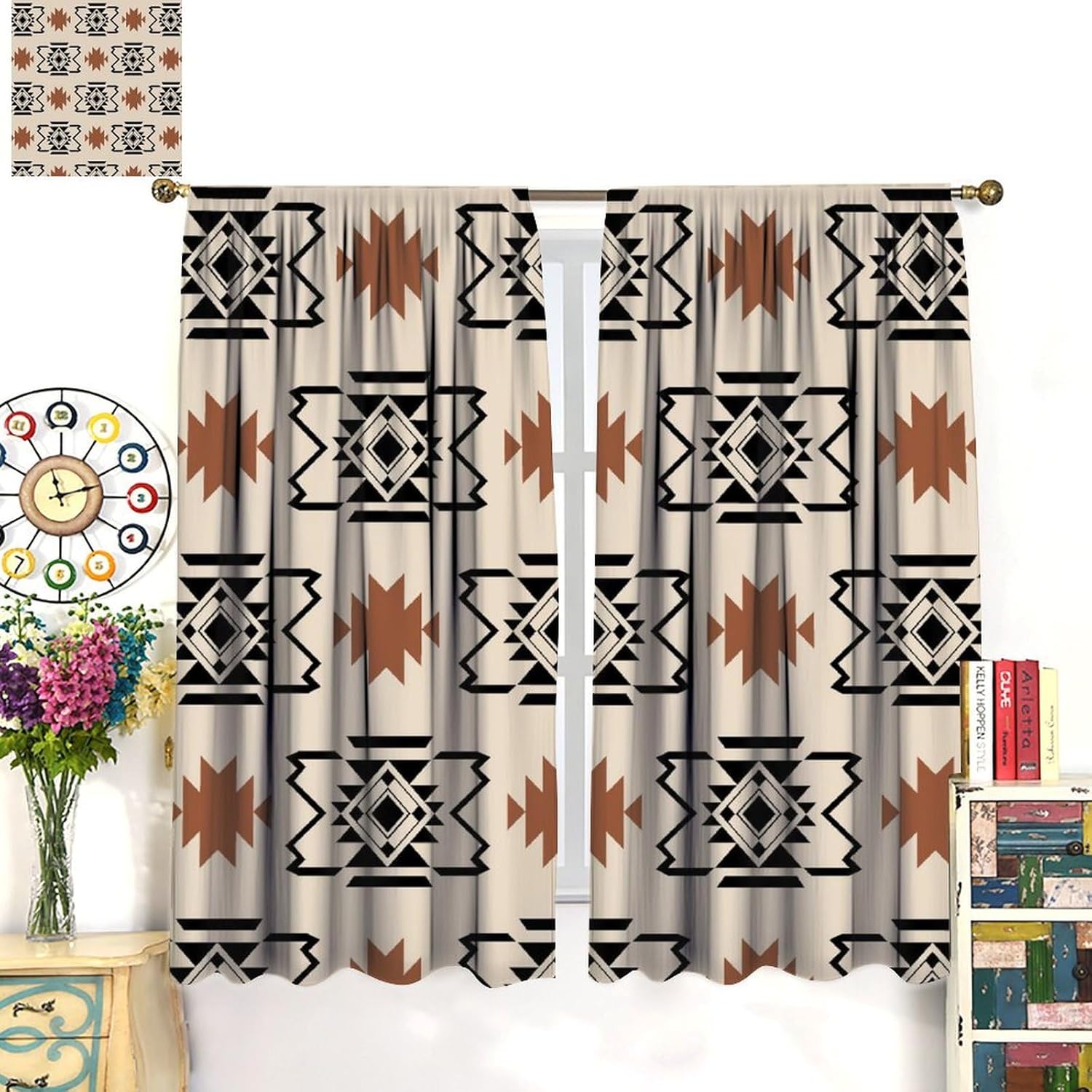 Western Aztec Curtains Vintage Boho Abstract Pattern Geometric Art Printed Blackout Window Drapes for Bedroom Kitchen Decor Fabric Set 2 Panel 42x45 Inch 80% Shading Rate