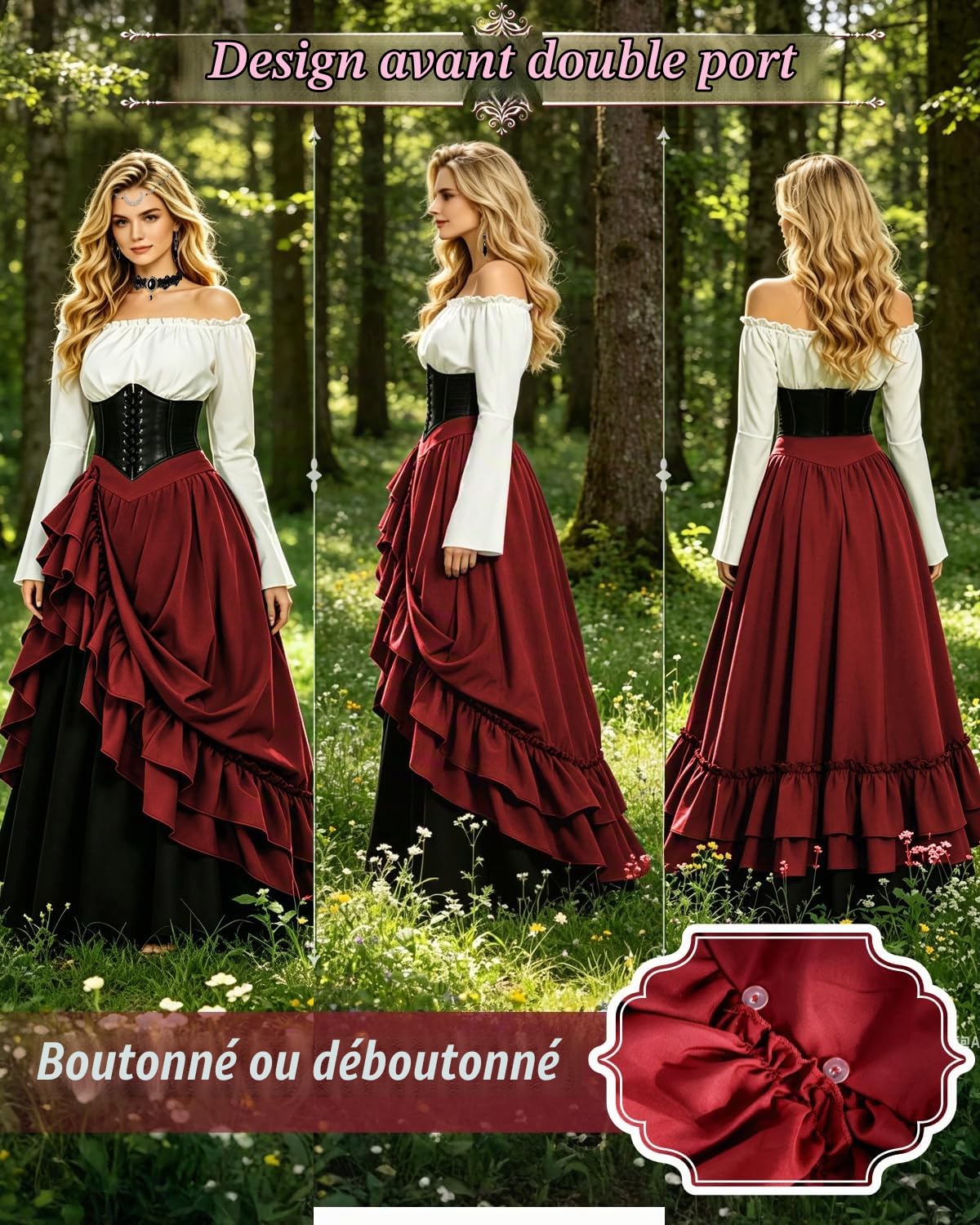 Robe Médiévale Femme, 2 Façons de Porter, Ceinture et Boîte Cadeau | Robe Gothique Médiévale avec Chemise, Robe Victorienne, Deguisement Renaissance pour Halloween, Cosplay et Fête