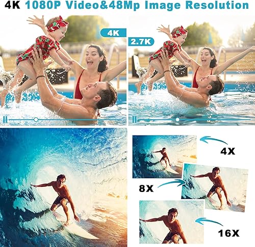 Miniatura 2 de Cámara digital subacuática 4K 48MP impermeable con tarjeta de 32 GB, selfie de doble pantalla (frontal y trasera), buceo de 10 pies/3M para