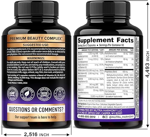 Miniatura 2 de Biotina Colágeno Ácido hialurónico Queratina - Suplemento clínicamente probado - Apoyo al crecimiento del cabello, piel y uñas - 25000 mcg de