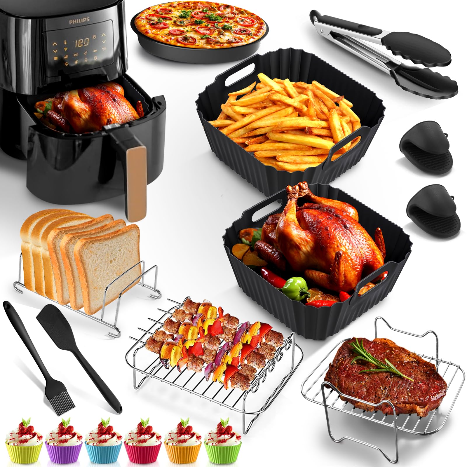 2 Stampi In Silicone Per Airfryer Philips Essential 4,1L (HD9200/9252/9255) - Riusabili, Antiaderenti, Design Scolagrasse