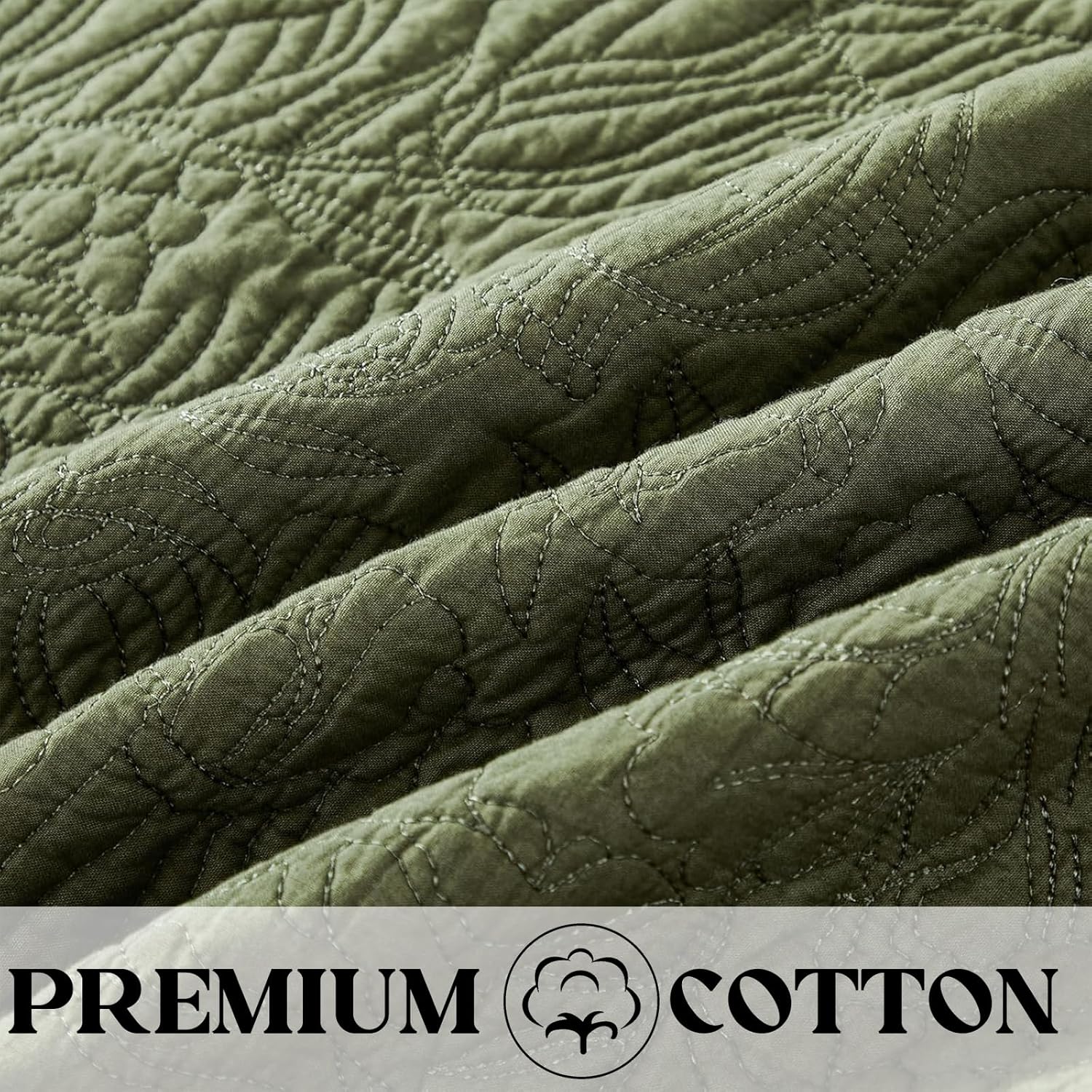 Brandream Olive Green Botanical Quilt Set Queen Size Cotton Cottage Sculpted Floral Vine Stitching Heirloom-Quality 3-Piece Quilt Bedding Set
