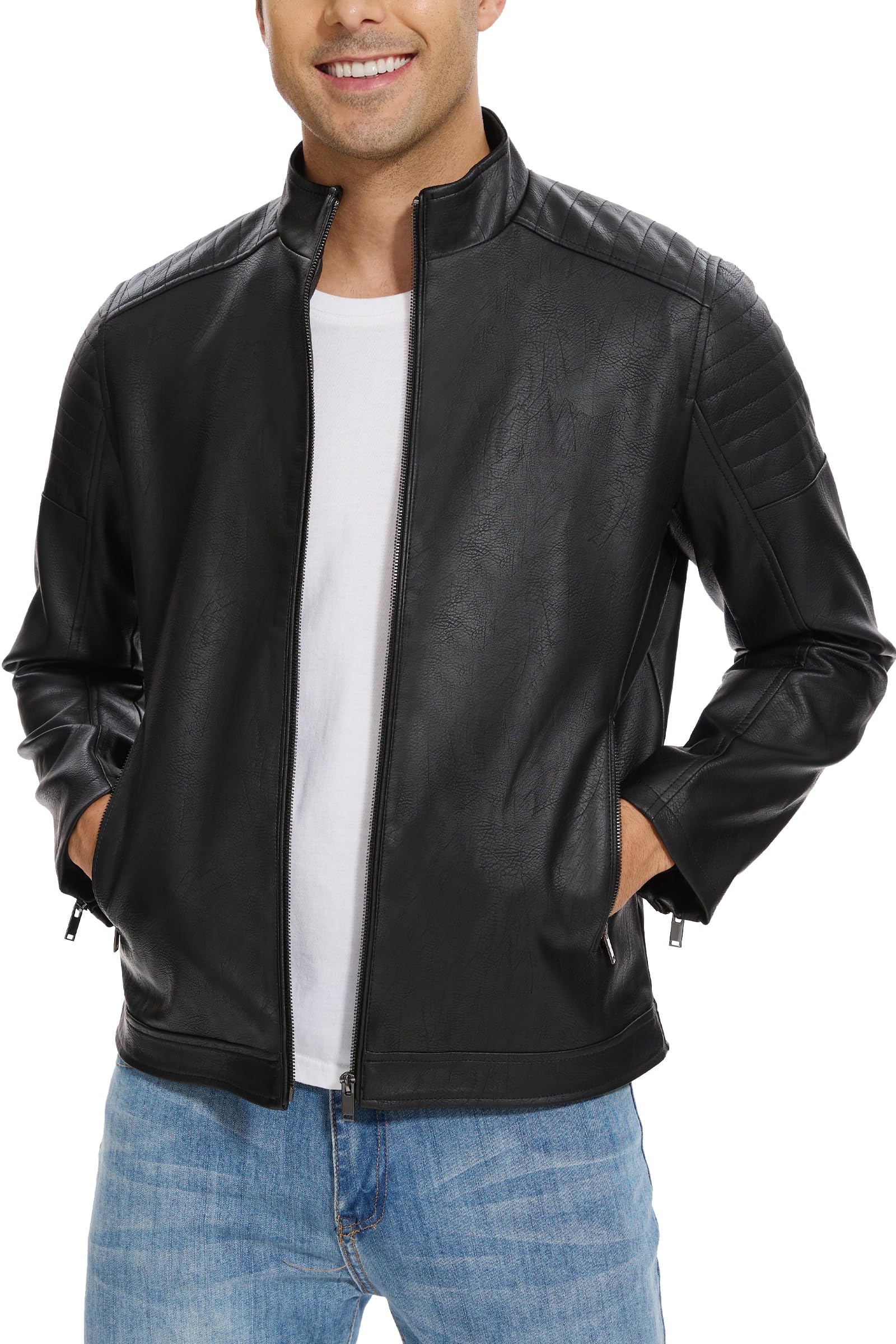 Faux Leather Jacket Men - Black Motorcycle Bomber Jackets Lightweight Casual Vintage Slim Fit Riding Coat